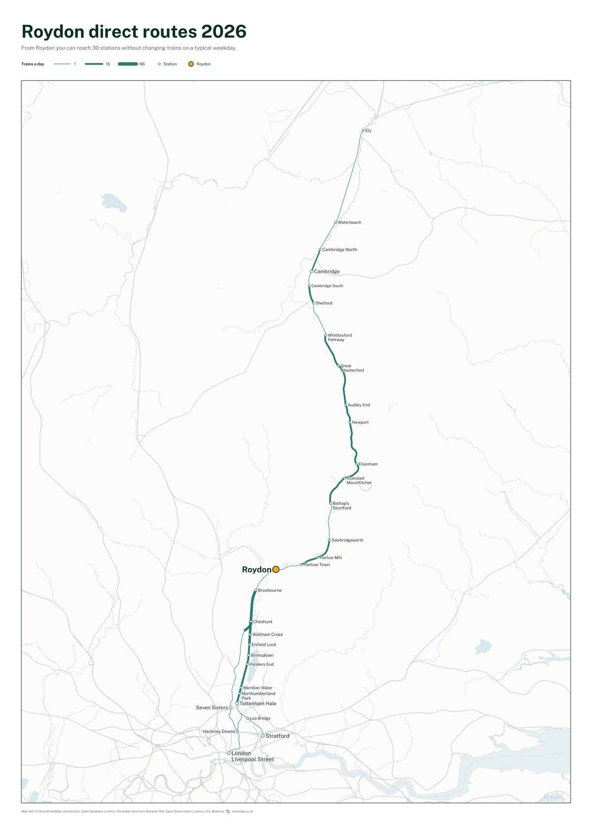 Roydon direct routes 2026: a map of every station you can reach from Roydon without changing trains, the lines thicker where more trains run