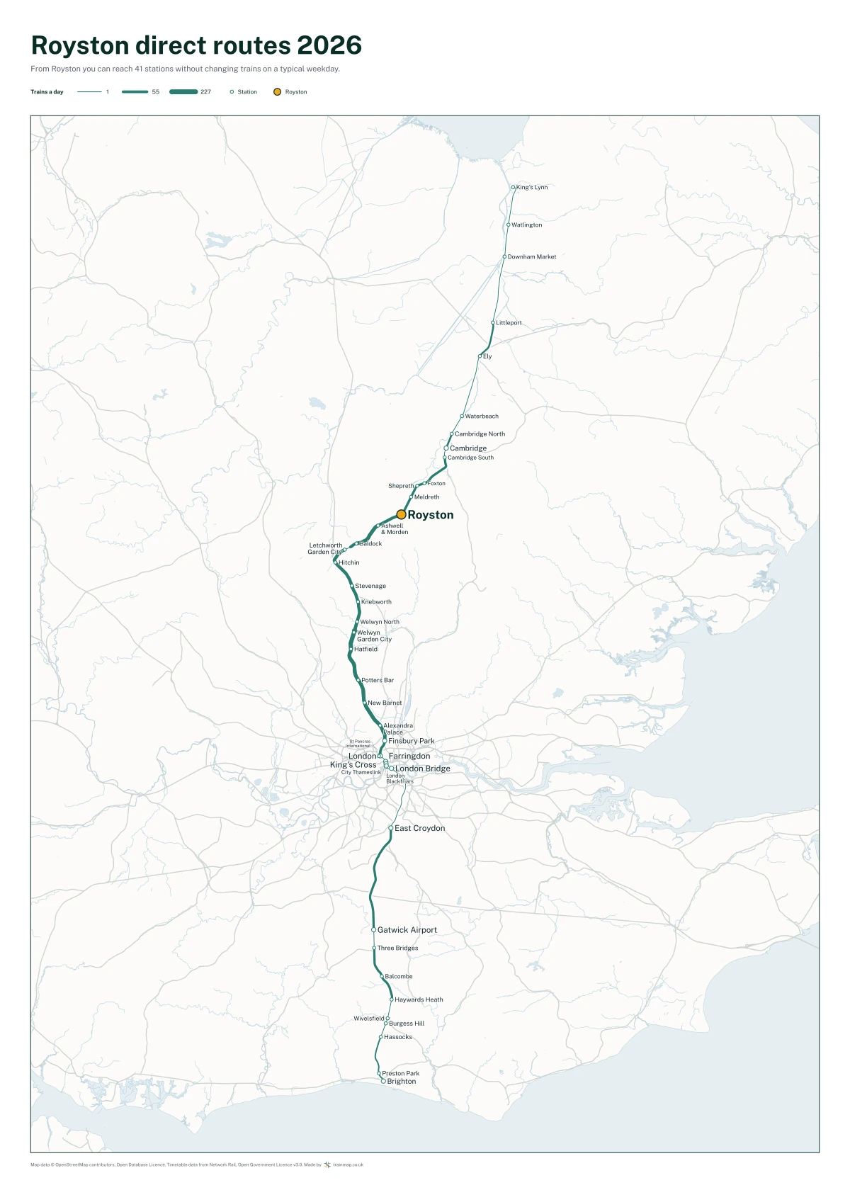 Royston direct routes 2026: a map of every station you can reach from Royston without changing trains, the lines thicker where more trains run