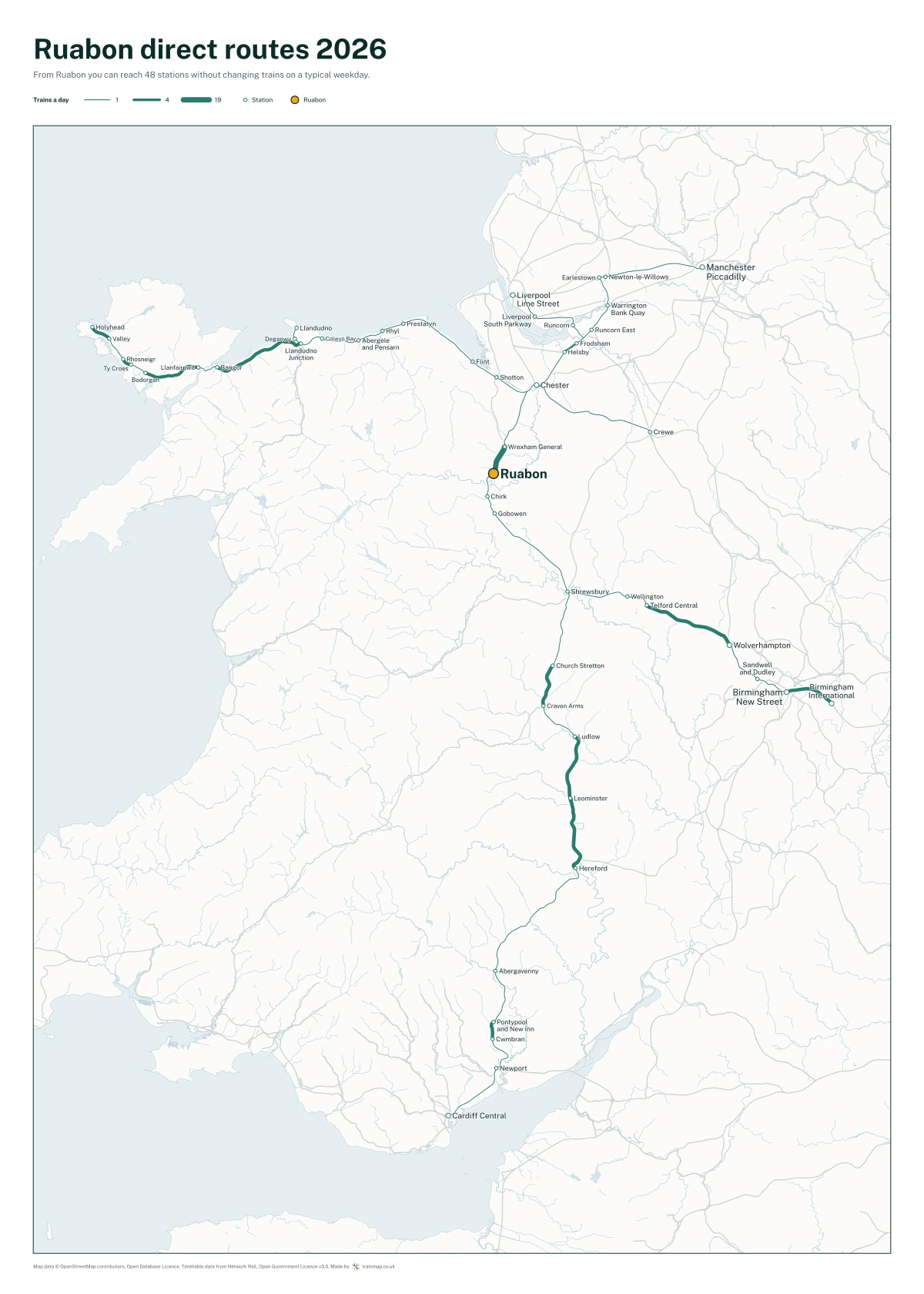 Ruabon direct routes 2026: a map of every station you can reach from Ruabon without changing trains, the lines thicker where more trains run