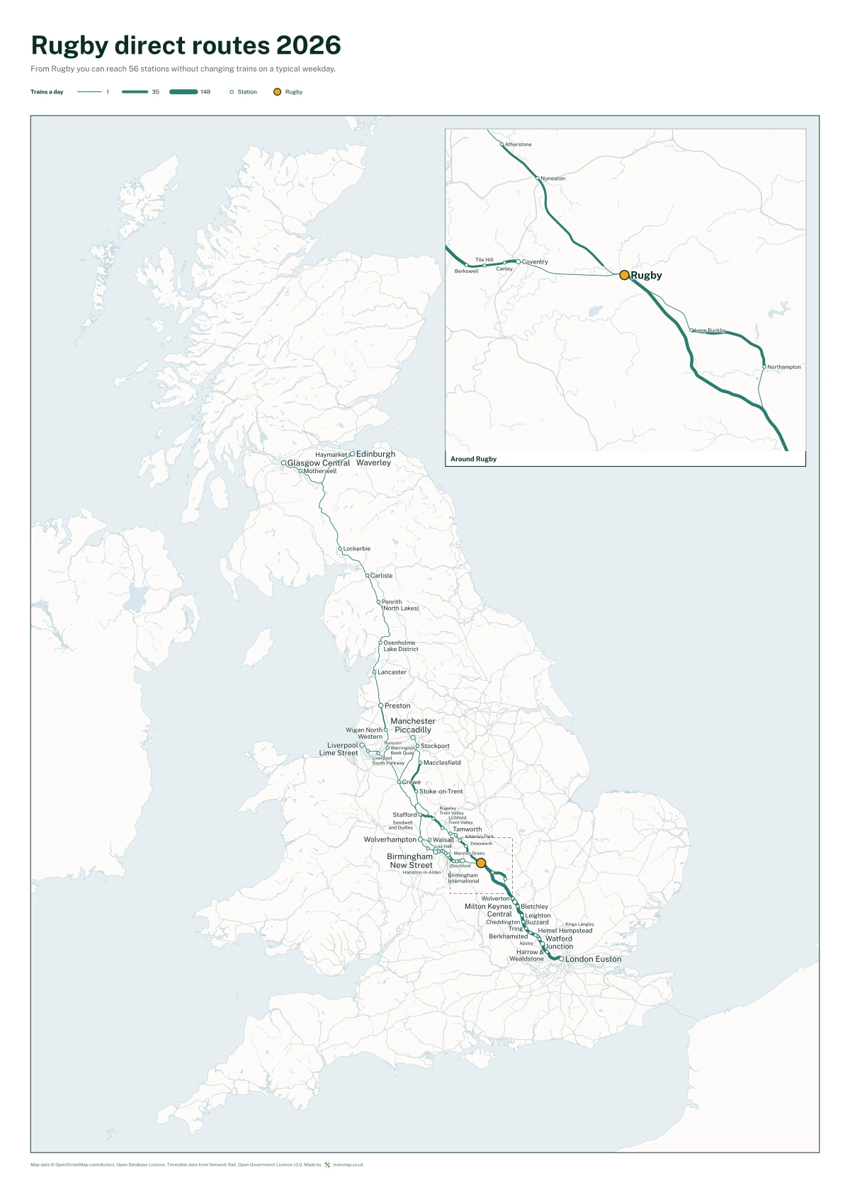 Rugby direct routes 2026: a map of every station you can reach from Rugby without changing trains, the lines thicker where more trains run