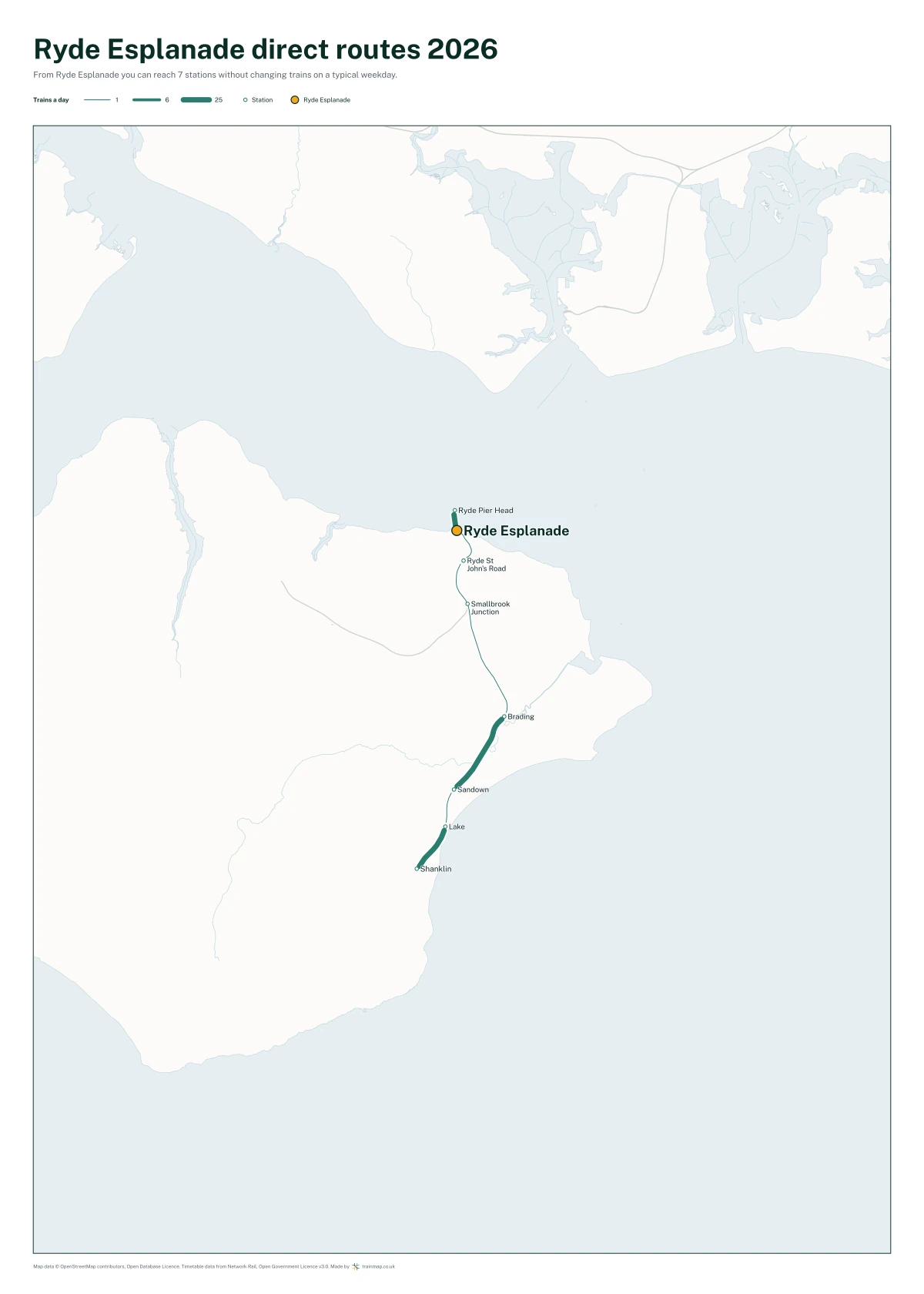 Ryde Esplanade direct routes 2026: a map of every station you can reach from Ryde Esplanade without changing trains, the lines thicker where more trains run