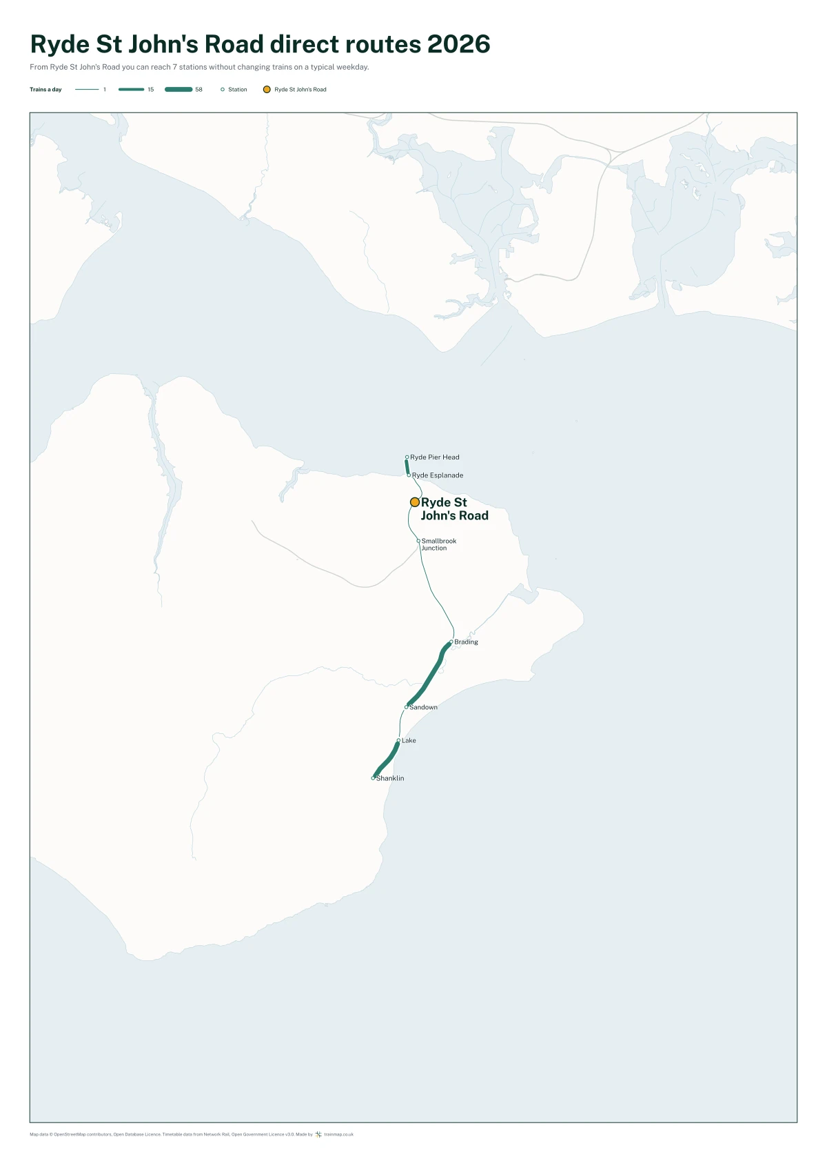Ryde St John's Road direct routes 2026: a map of every station you can reach from Ryde St John's Road without changing trains, the lines thicker where more trains run