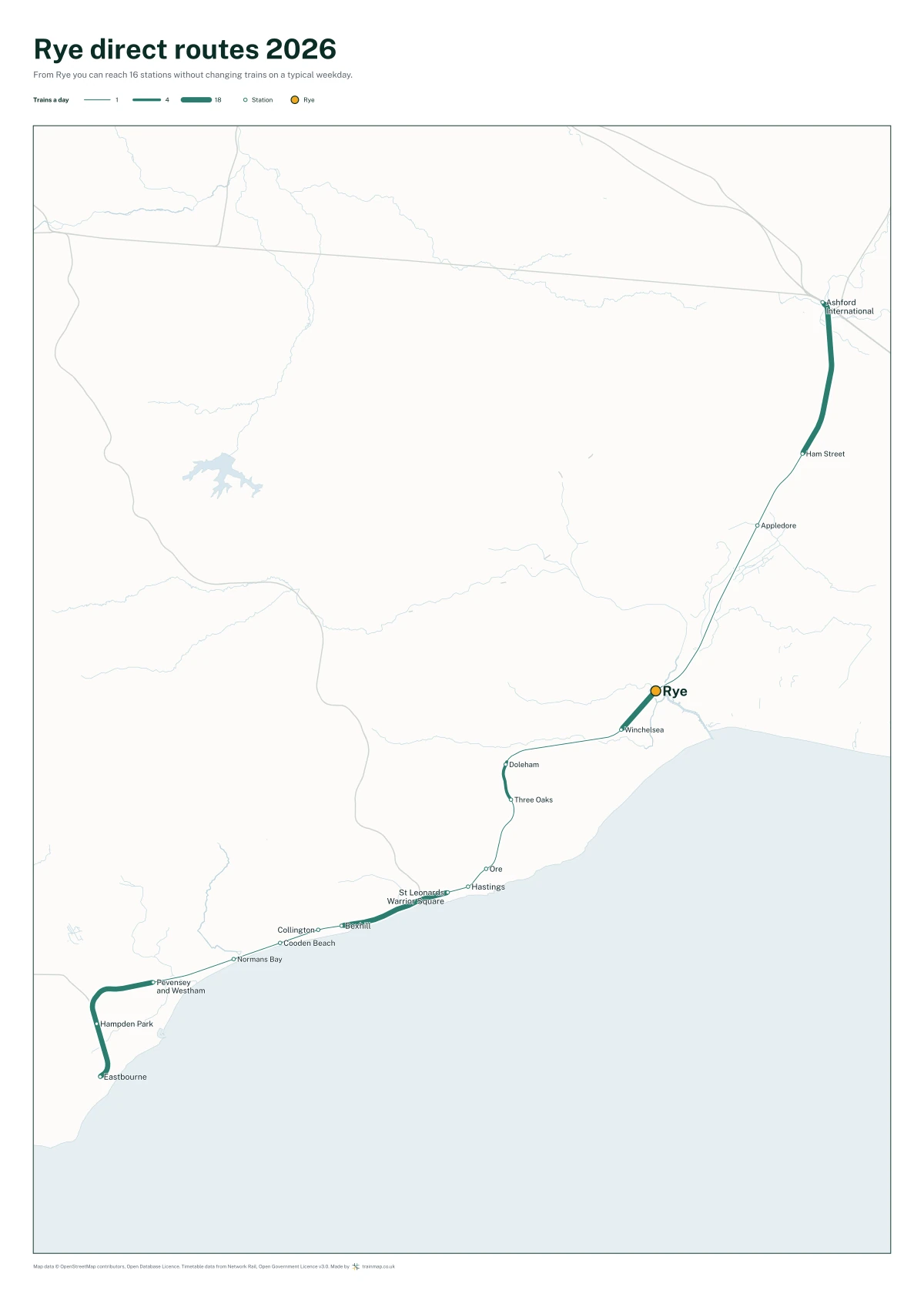 Rye direct routes 2026: a map of every station you can reach from Rye without changing trains, the lines thicker where more trains run