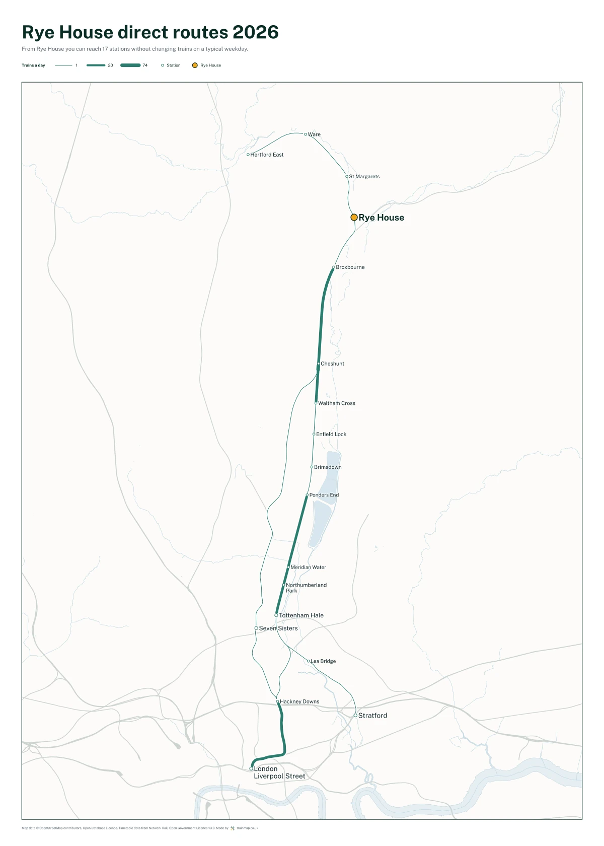 Rye House direct routes 2026: a map of every station you can reach from Rye House without changing trains, the lines thicker where more trains run