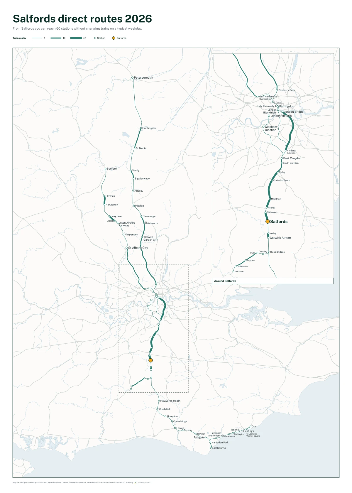 Salfords direct routes 2026: a map of every station you can reach from Salfords without changing trains, the lines thicker where more trains run