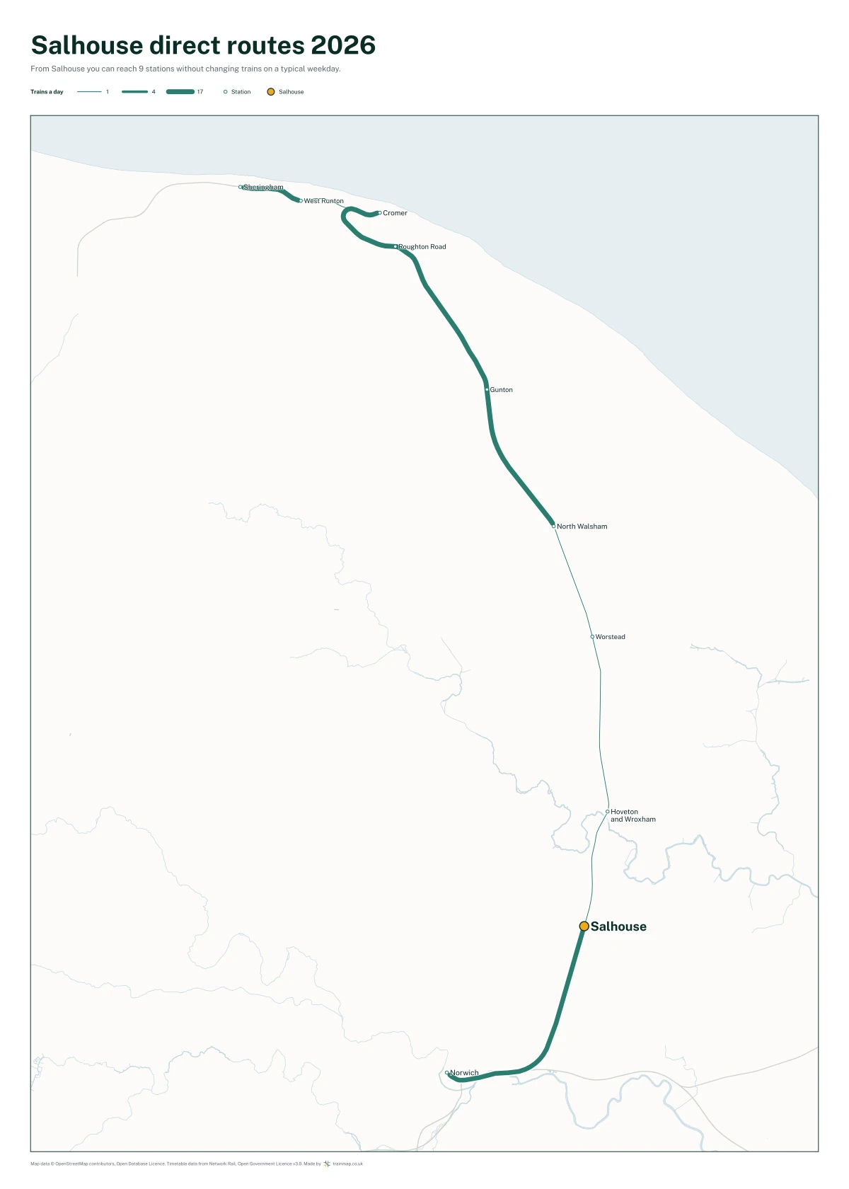 Salhouse direct routes 2026: a map of every station you can reach from Salhouse without changing trains, the lines thicker where more trains run