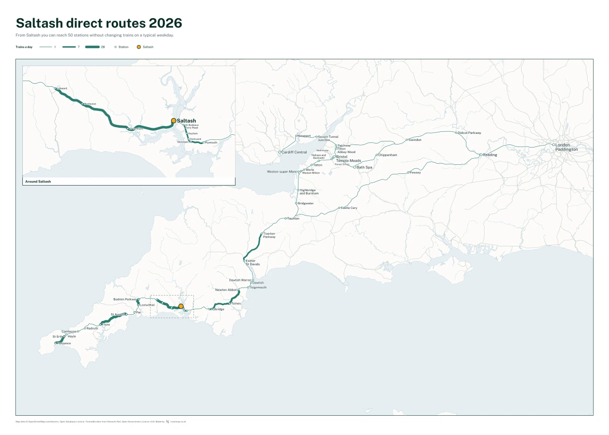 Saltash direct routes 2026: a map of every station you can reach from Saltash without changing trains, the lines thicker where more trains run