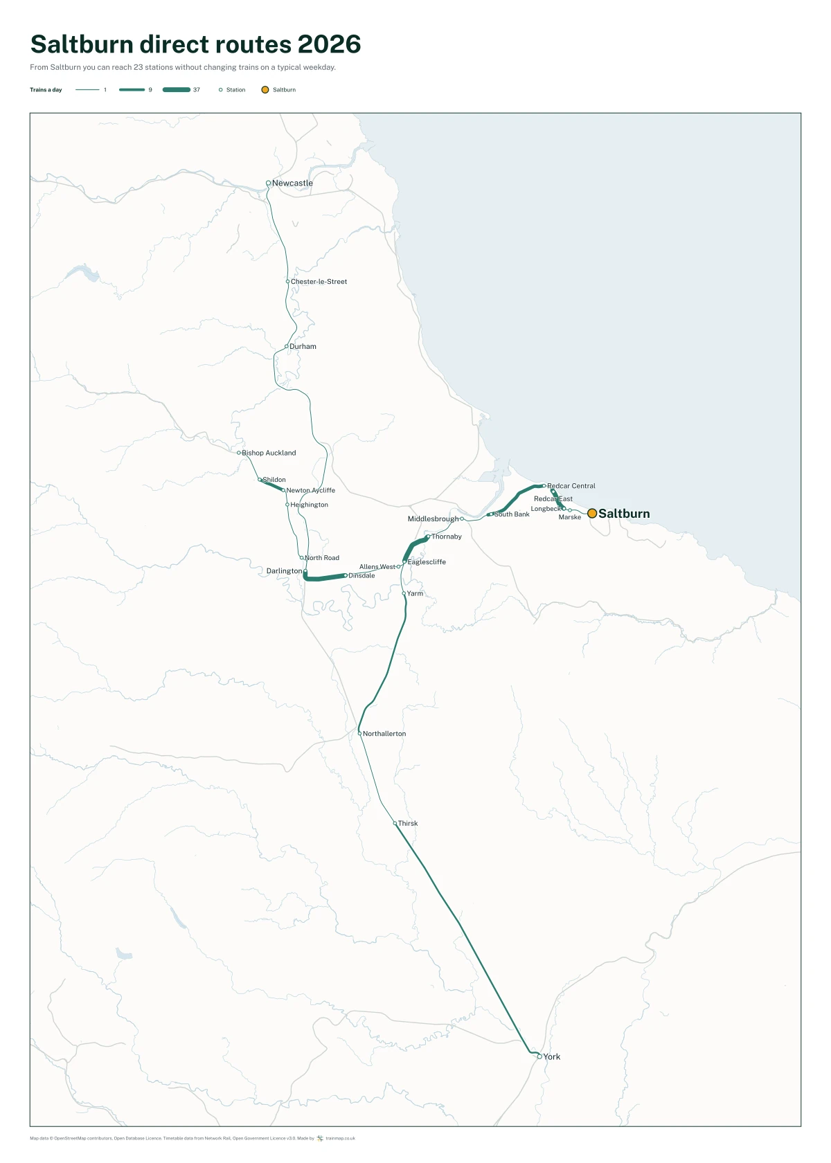 Saltburn direct routes 2026: a map of every station you can reach from Saltburn without changing trains, the lines thicker where more trains run