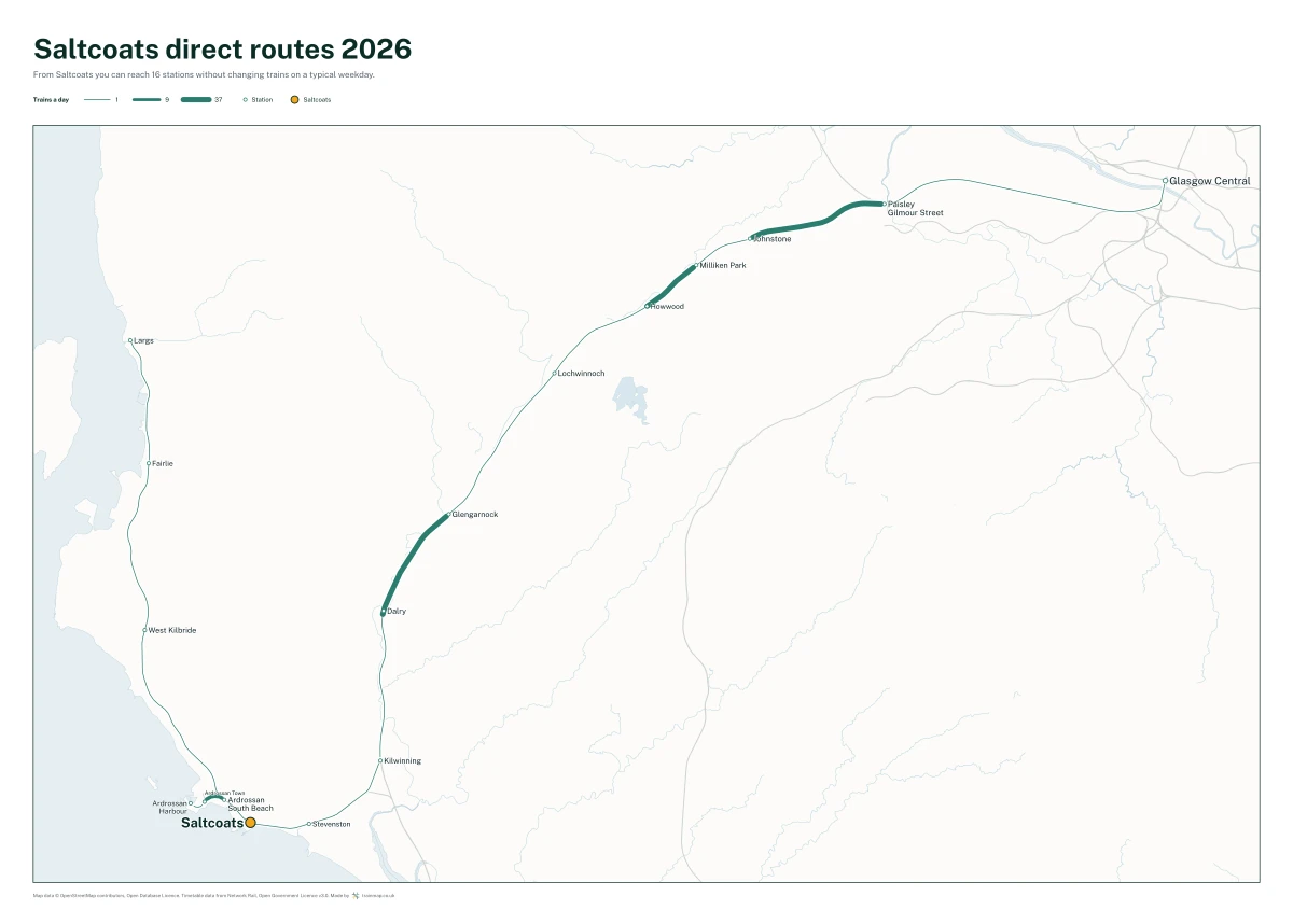 Saltcoats direct routes 2026: a map of every station you can reach from Saltcoats without changing trains, the lines thicker where more trains run