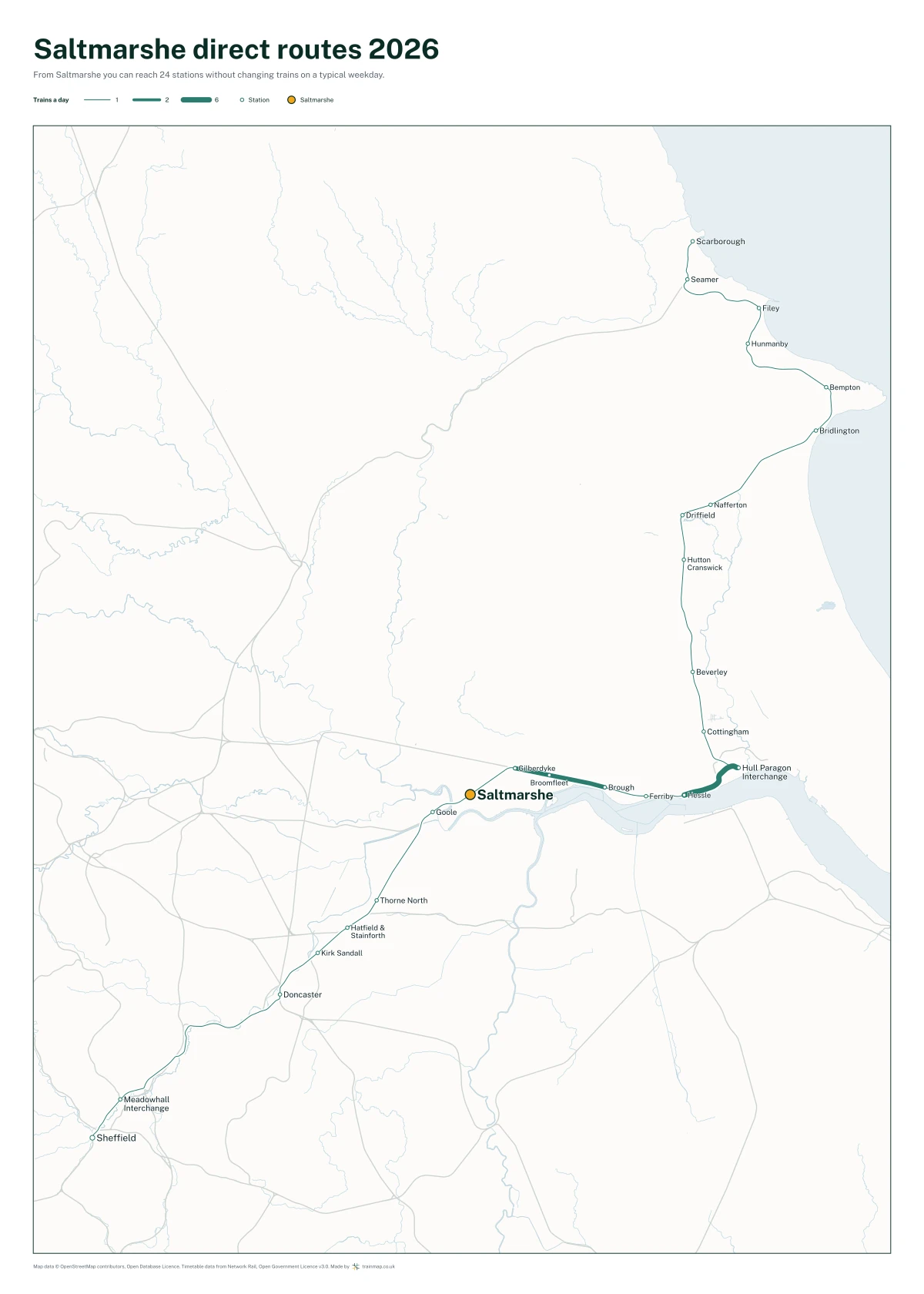 Saltmarshe direct routes 2026: a map of every station you can reach from Saltmarshe without changing trains, the lines thicker where more trains run