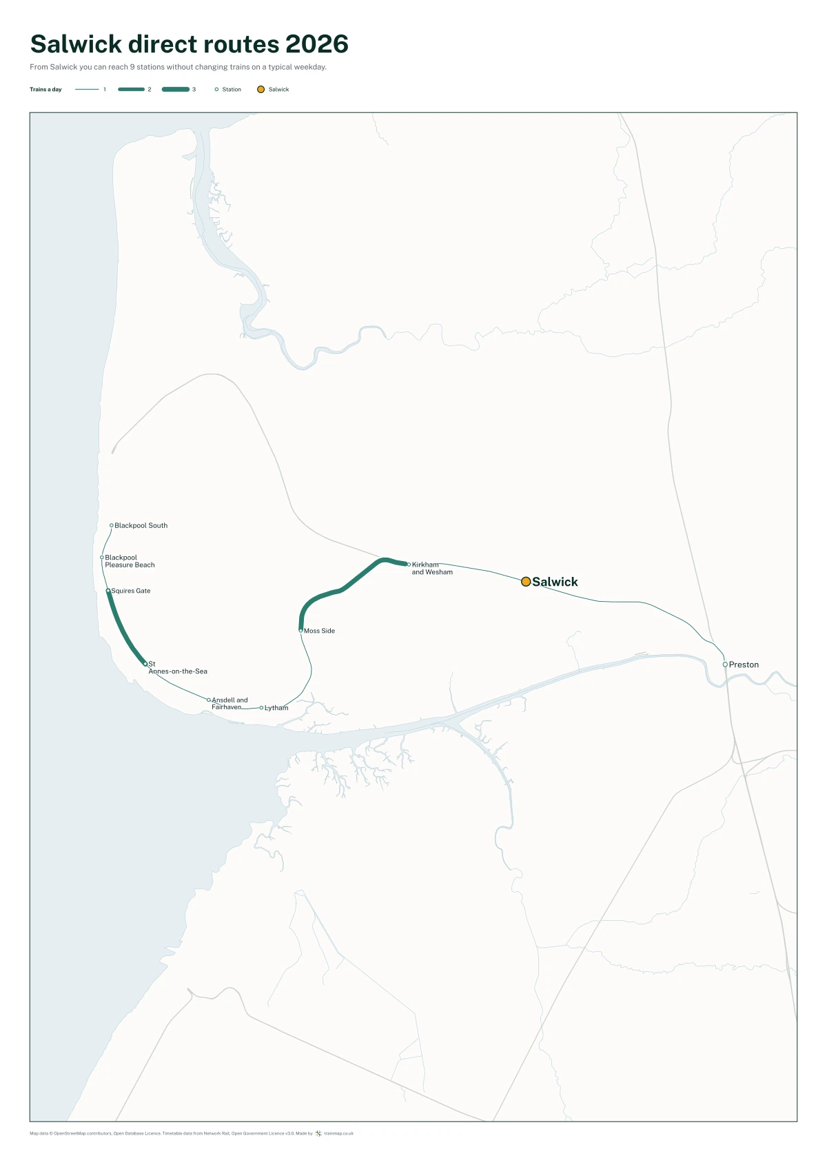 Salwick direct routes 2026: a map of every station you can reach from Salwick without changing trains, the lines thicker where more trains run