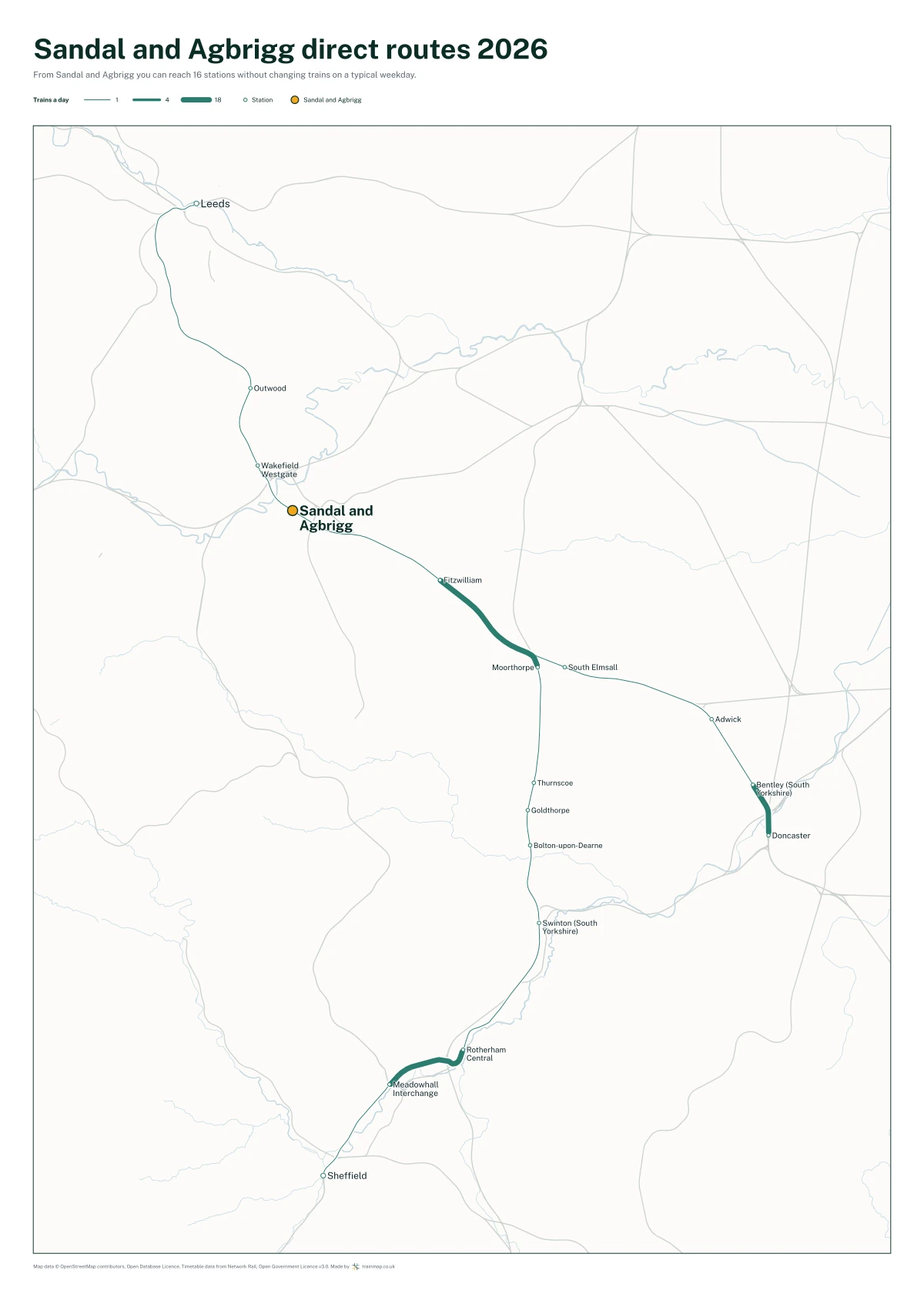 Sandal and Agbrigg direct routes 2026: a map of every station you can reach from Sandal and Agbrigg without changing trains, the lines thicker where more trains run