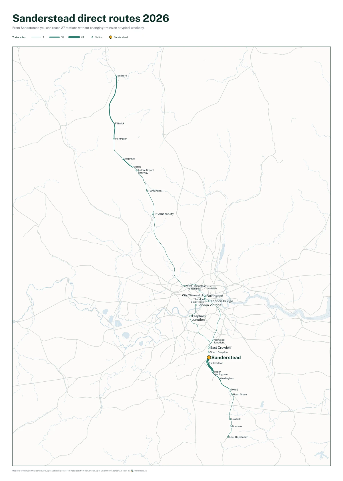Sanderstead direct routes 2026: a map of every station you can reach from Sanderstead without changing trains, the lines thicker where more trains run