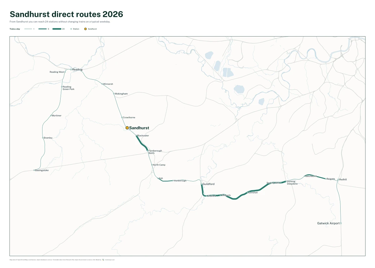 Sandhurst direct routes 2026: a map of every station you can reach from Sandhurst without changing trains, the lines thicker where more trains run