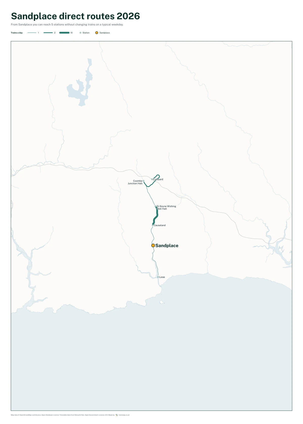 Sandplace direct routes 2026: a map of every station you can reach from Sandplace without changing trains, the lines thicker where more trains run