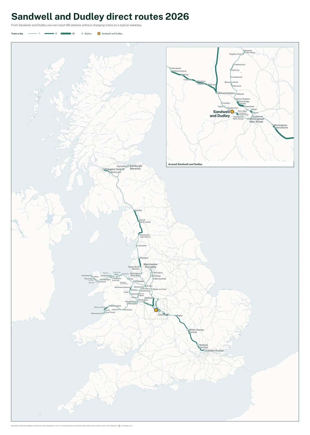 Sandwell and Dudley direct routes 2026: a map of every station you can reach from Sandwell and Dudley without changing trains, the lines thicker where more trains run