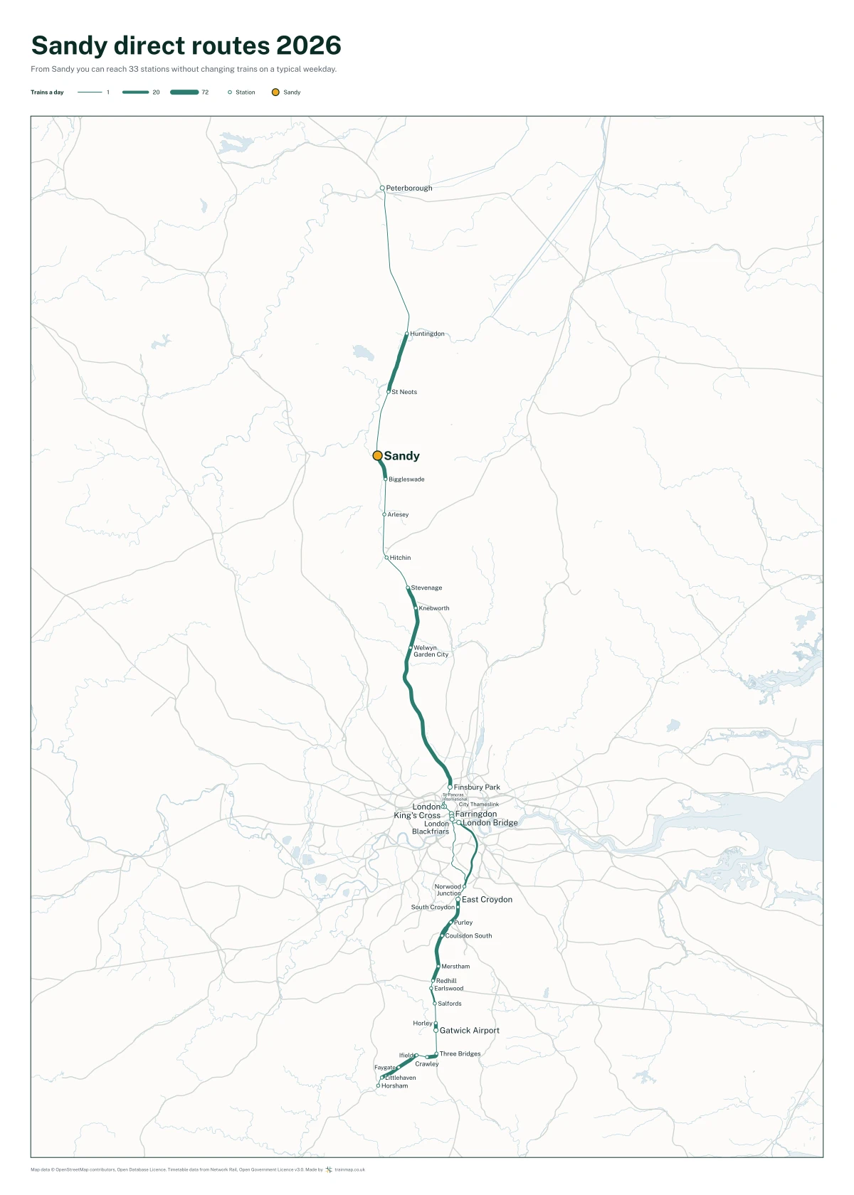 Sandy direct routes 2026: a map of every station you can reach from Sandy without changing trains, the lines thicker where more trains run