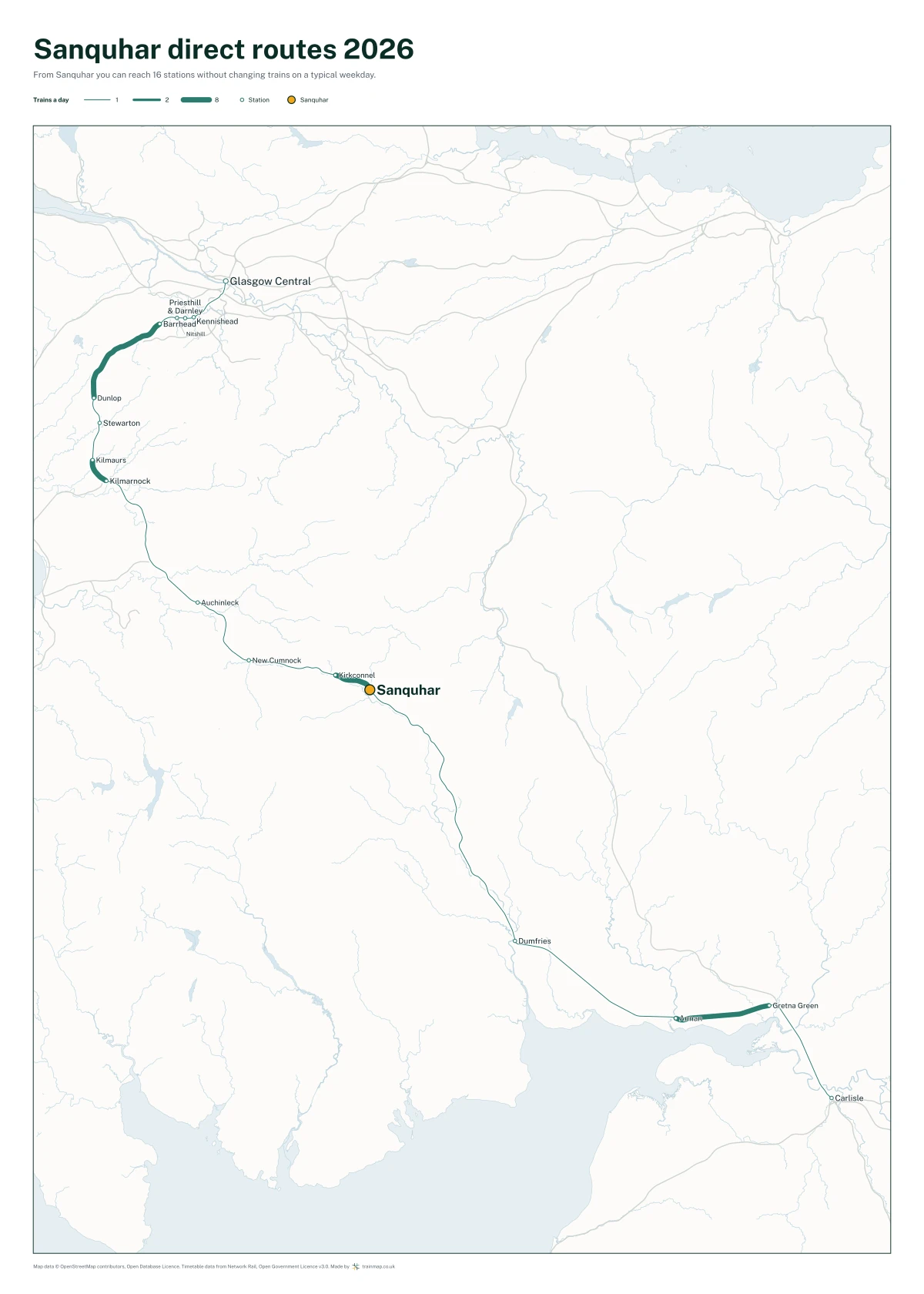 Sanquhar direct routes 2026: a map of every station you can reach from Sanquhar without changing trains, the lines thicker where more trains run