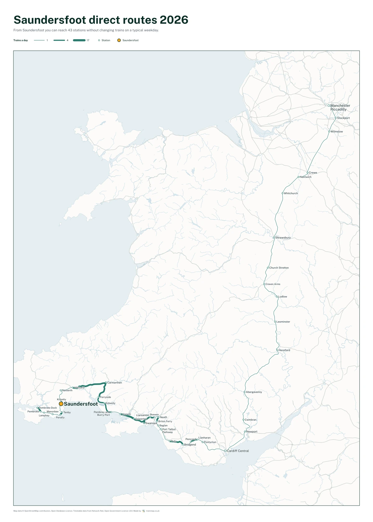 Saundersfoot direct routes 2026: a map of every station you can reach from Saundersfoot without changing trains, the lines thicker where more trains run