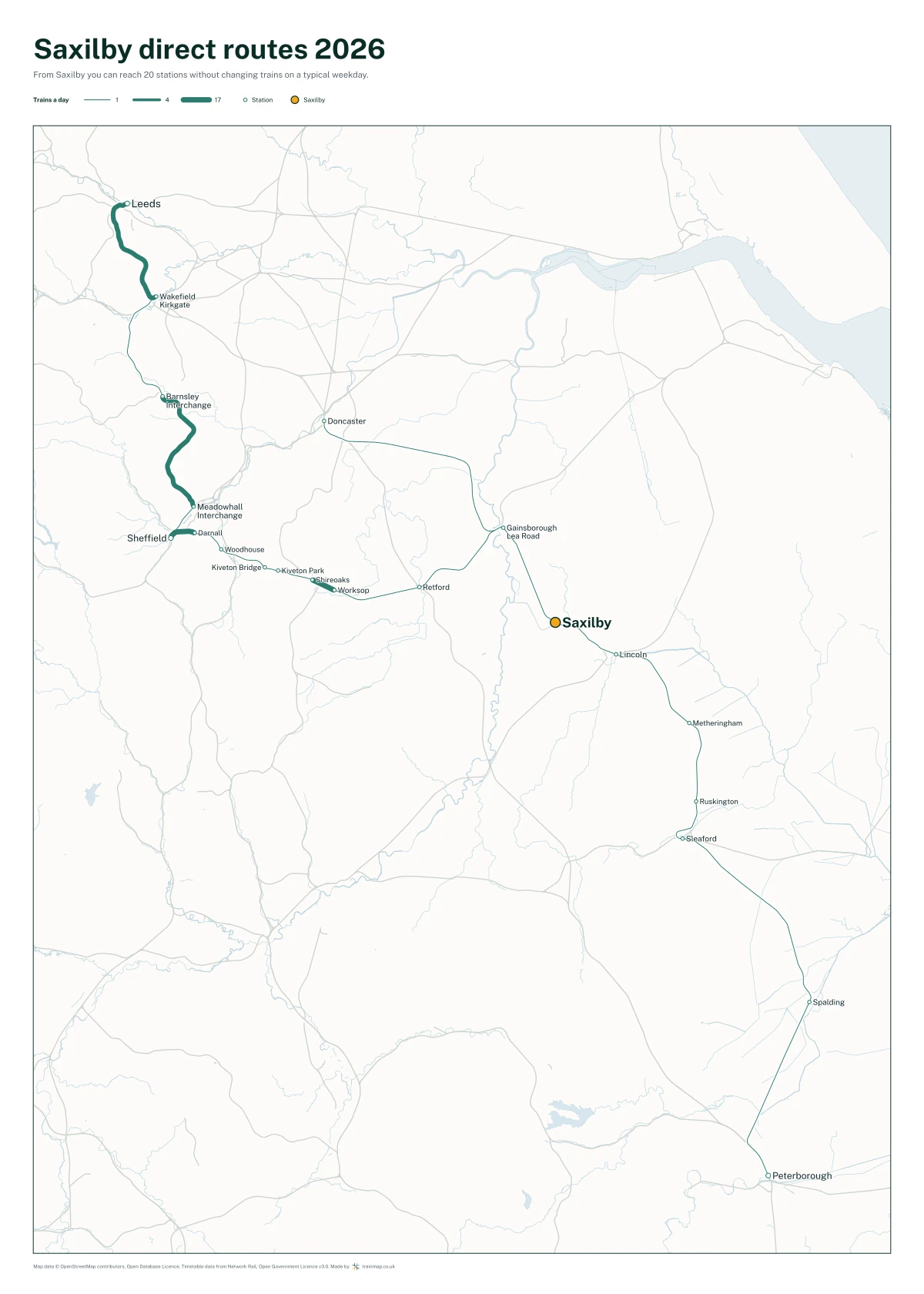 Saxilby direct routes 2026: a map of every station you can reach from Saxilby without changing trains, the lines thicker where more trains run