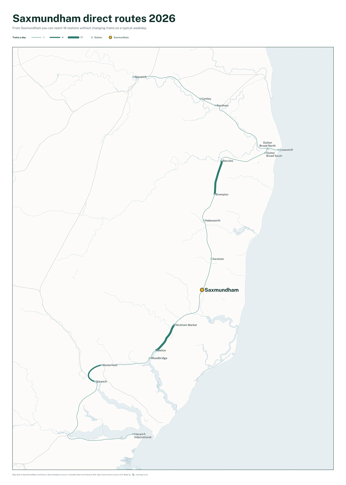 Saxmundham direct routes 2026: a map of every station you can reach from Saxmundham without changing trains, the lines thicker where more trains run