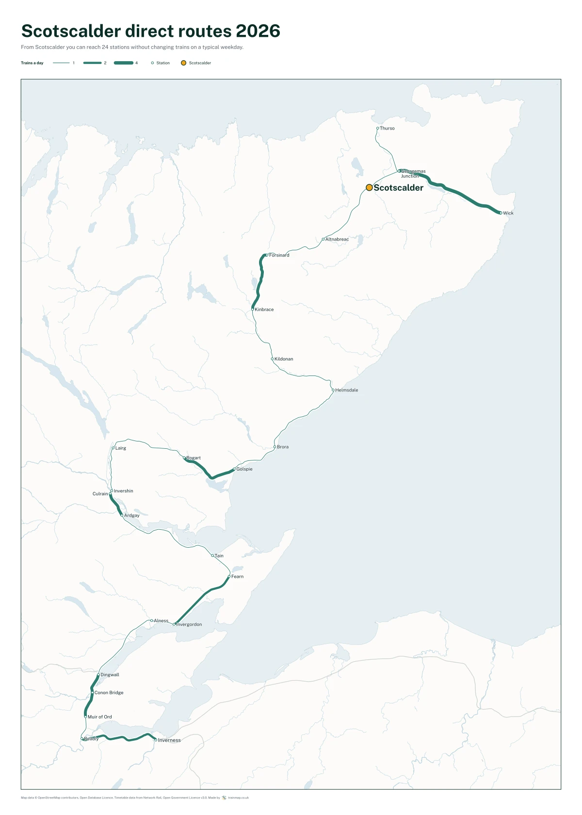 Scotscalder direct routes 2026: a map of every station you can reach from Scotscalder without changing trains, the lines thicker where more trains run