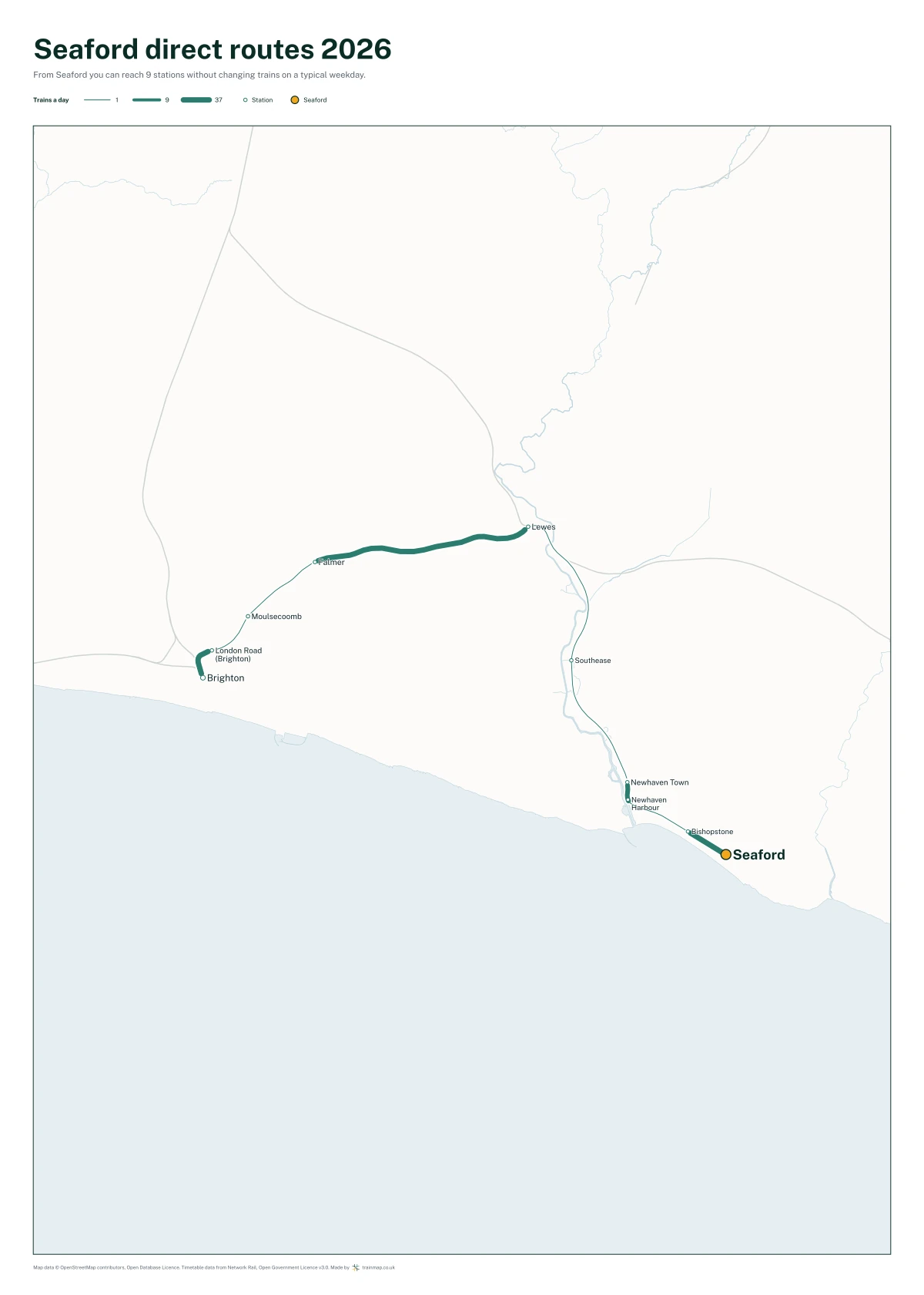 Seaford direct routes 2026: a map of every station you can reach from Seaford without changing trains, the lines thicker where more trains run