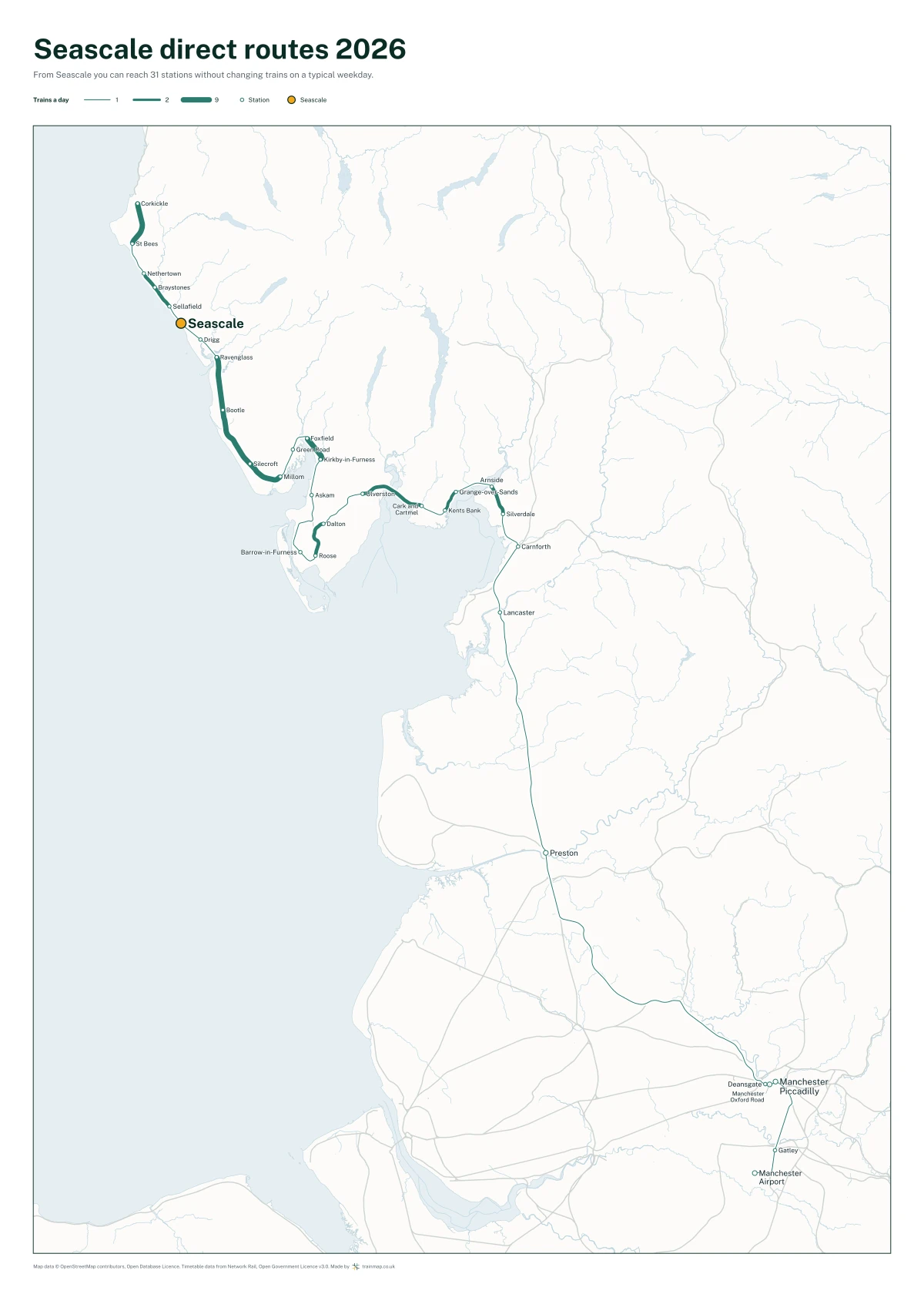 Seascale direct routes 2026: a map of every station you can reach from Seascale without changing trains, the lines thicker where more trains run