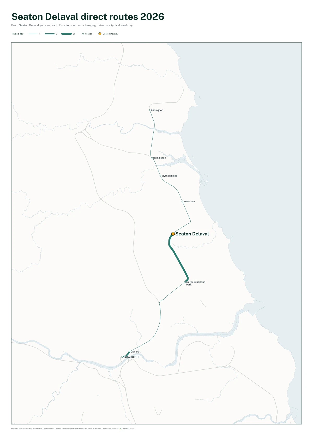 Seaton Delaval direct routes 2026: a map of every station you can reach from Seaton Delaval without changing trains, the lines thicker where more trains run
