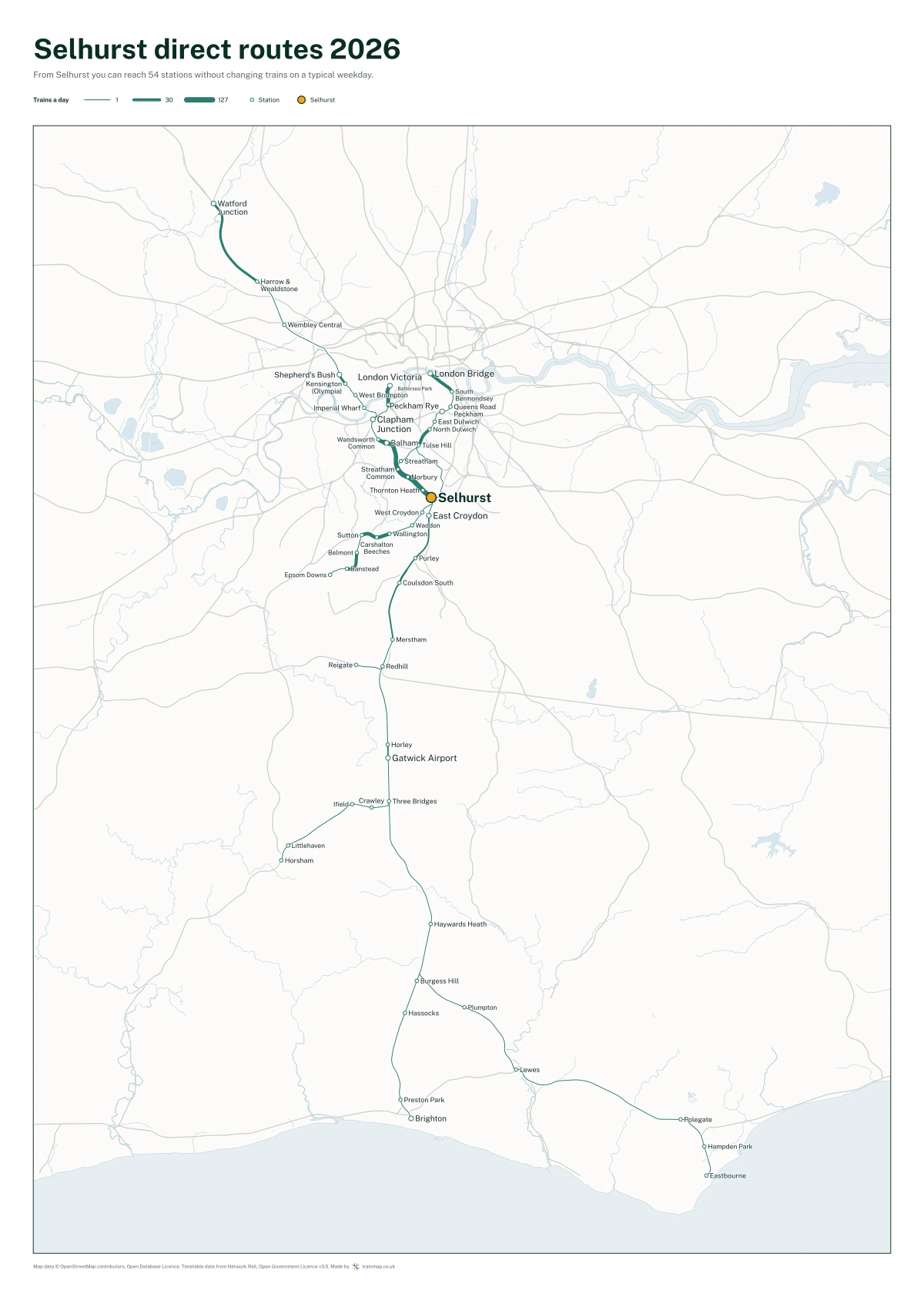 Selhurst direct routes 2026: a map of every station you can reach from Selhurst without changing trains, the lines thicker where more trains run