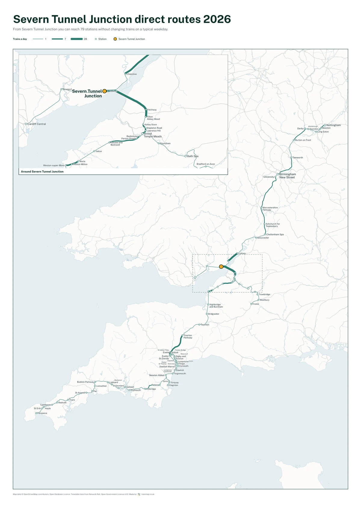 Severn Tunnel Junction direct routes 2026: a map of every station you can reach from Severn Tunnel Junction without changing trains, the lines thicker where more trains run