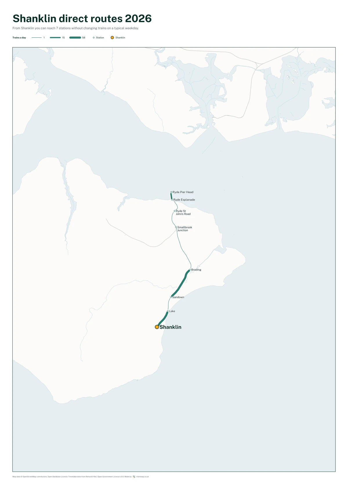 Shanklin direct routes 2026: a map of every station you can reach from Shanklin without changing trains, the lines thicker where more trains run