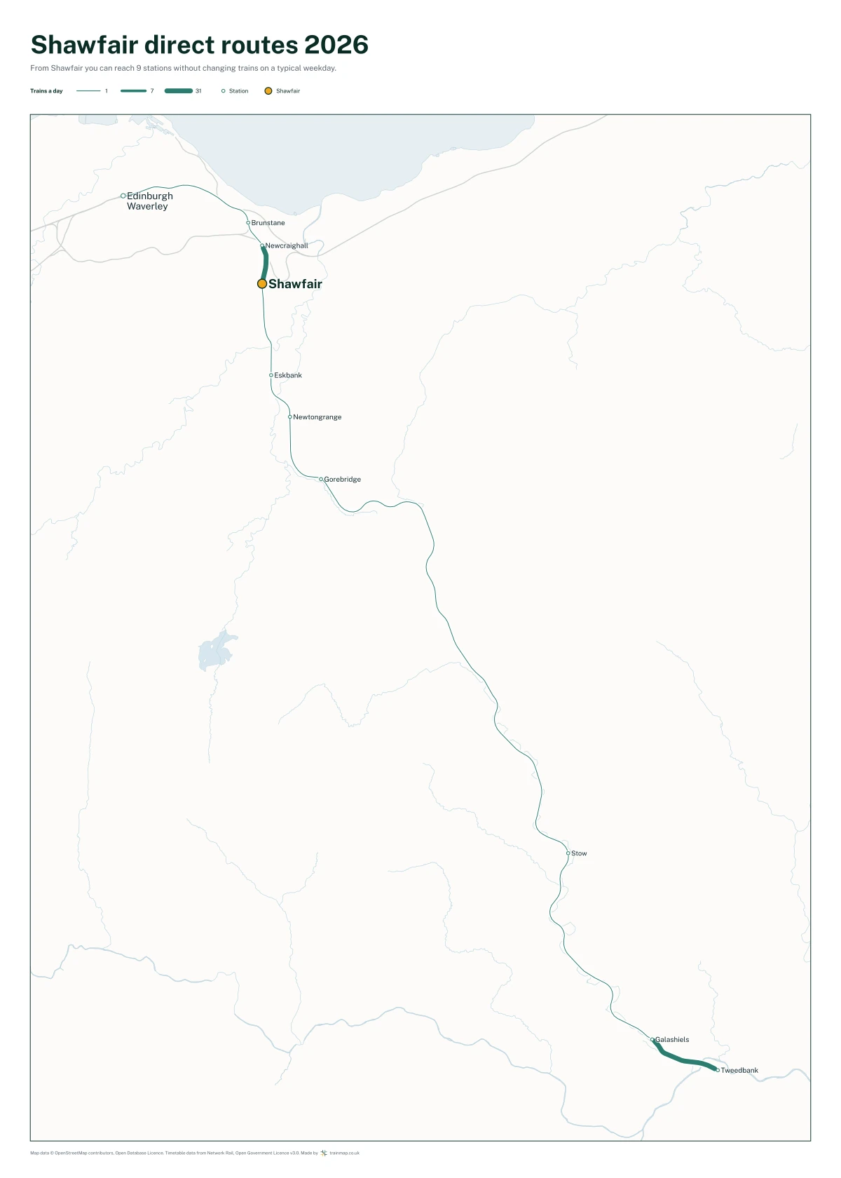 Shawfair direct routes 2026: a map of every station you can reach from Shawfair without changing trains, the lines thicker where more trains run