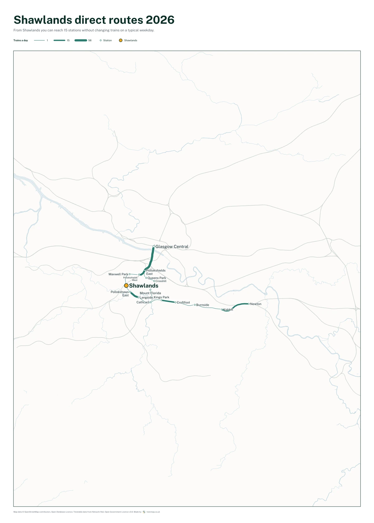 Shawlands direct routes 2026: a map of every station you can reach from Shawlands without changing trains, the lines thicker where more trains run
