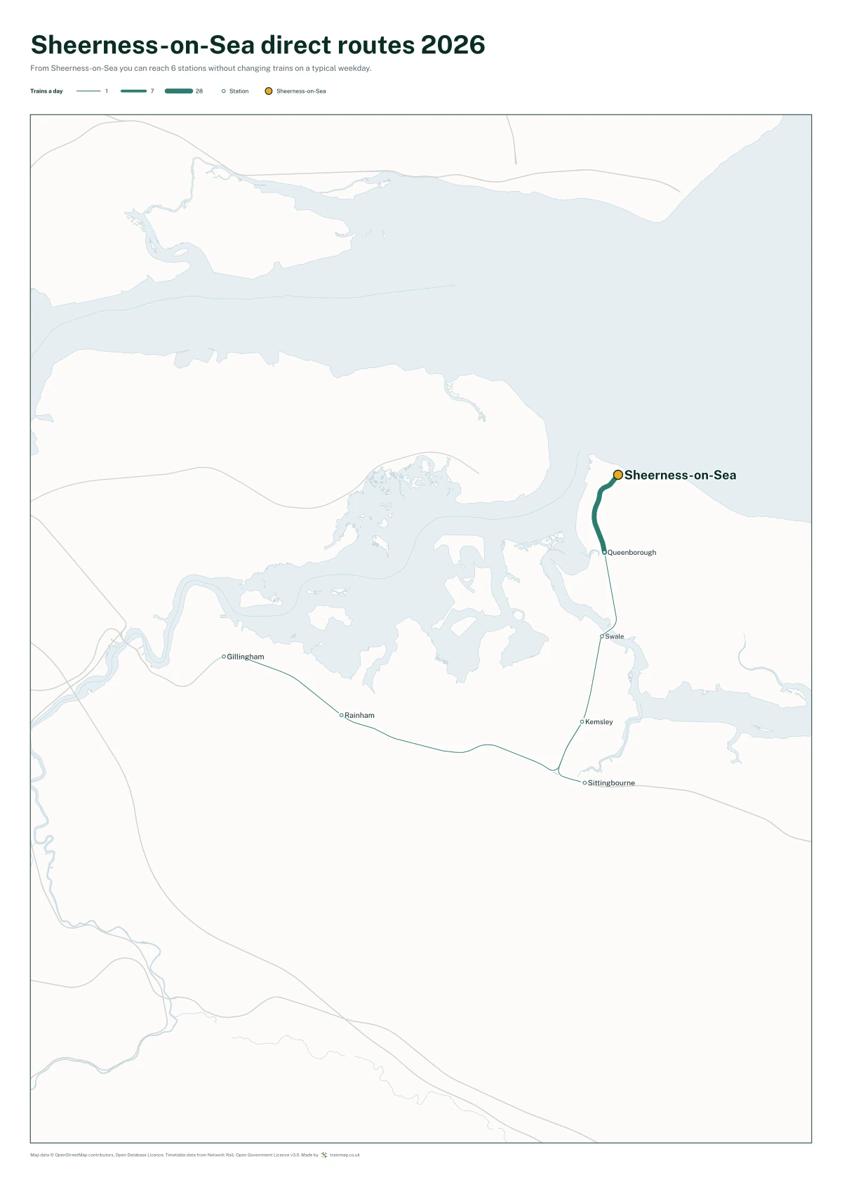 Sheerness-on-Sea direct routes 2026: a map of every station you can reach from Sheerness-on-Sea without changing trains, the lines thicker where more trains run