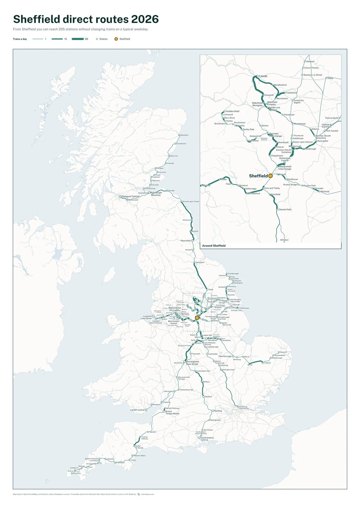 Sheffield direct routes 2026: a map of every station you can reach from Sheffield without changing trains, the lines thicker where more trains run