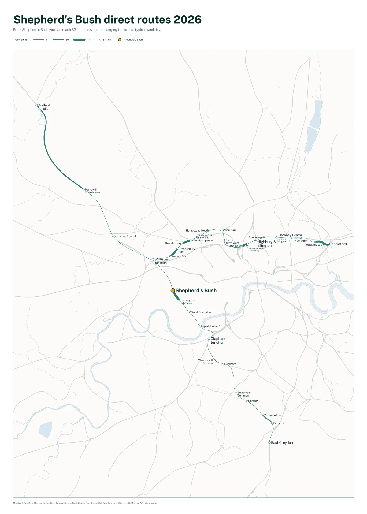 Shepherd's Bush direct routes 2026: a map of every station you can reach from Shepherd's Bush without changing trains, the lines thicker where more trains run