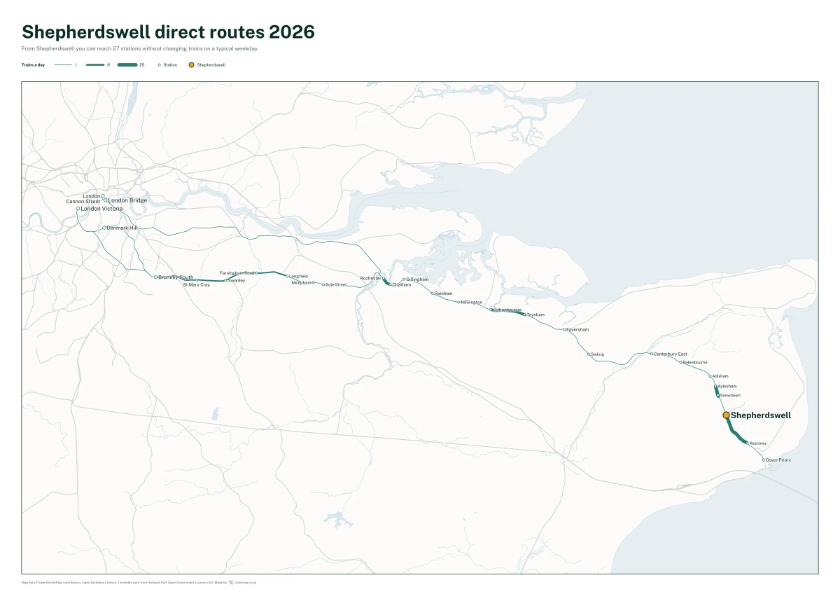 Shepherdswell direct routes 2026: a map of every station you can reach from Shepherdswell without changing trains, the lines thicker where more trains run