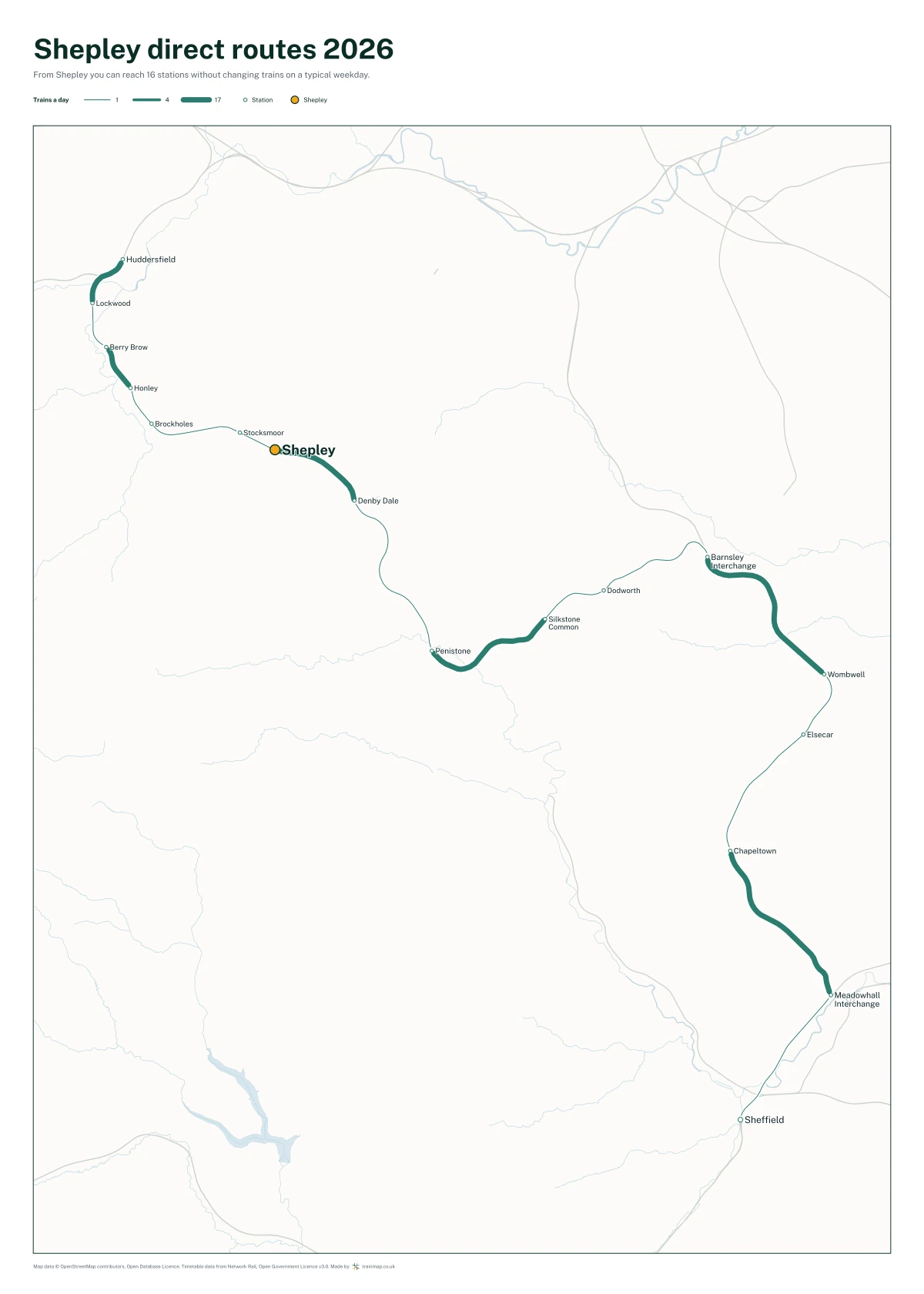 Shepley direct routes 2026: a map of every station you can reach from Shepley without changing trains, the lines thicker where more trains run
