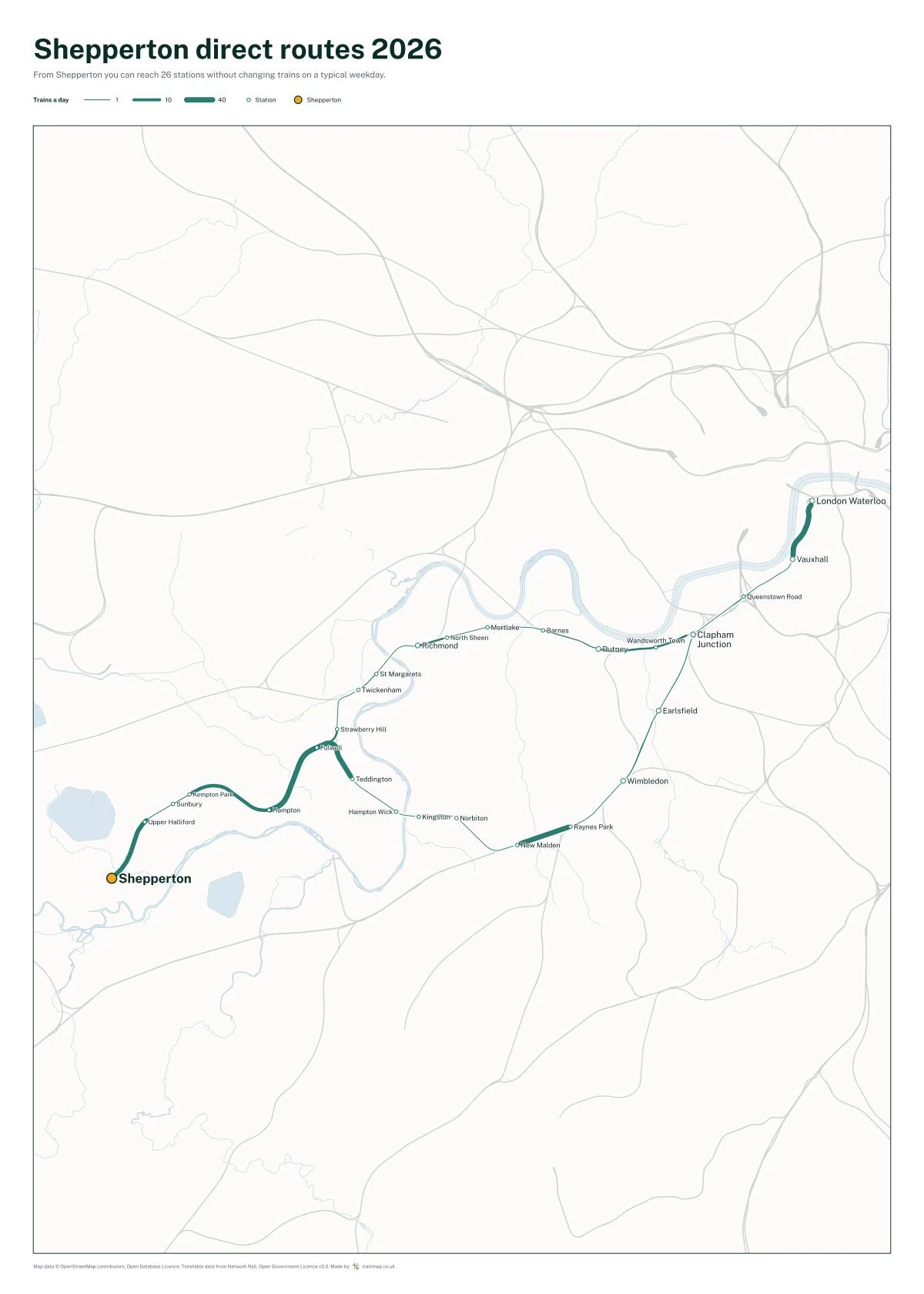 Shepperton direct routes 2026: a map of every station you can reach from Shepperton without changing trains, the lines thicker where more trains run