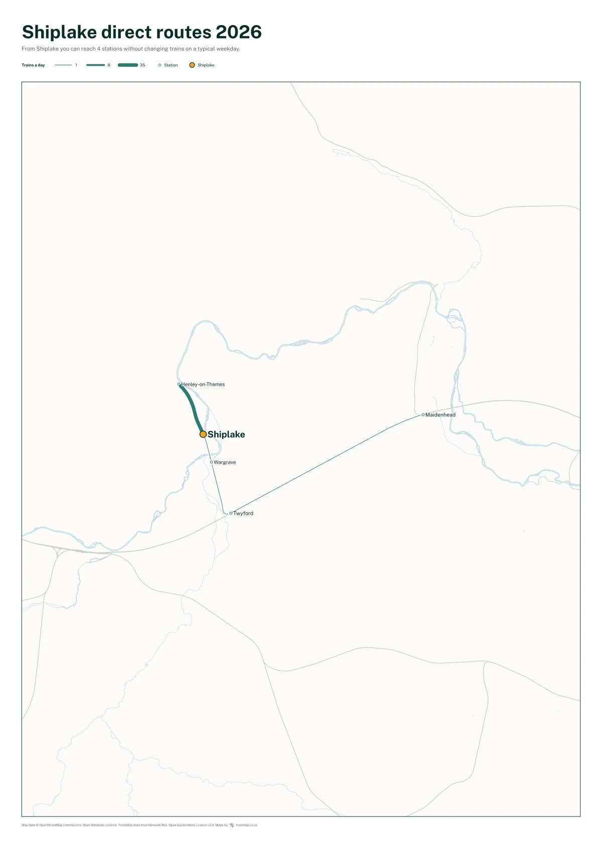 Shiplake direct routes 2026: a map of every station you can reach from Shiplake without changing trains, the lines thicker where more trains run