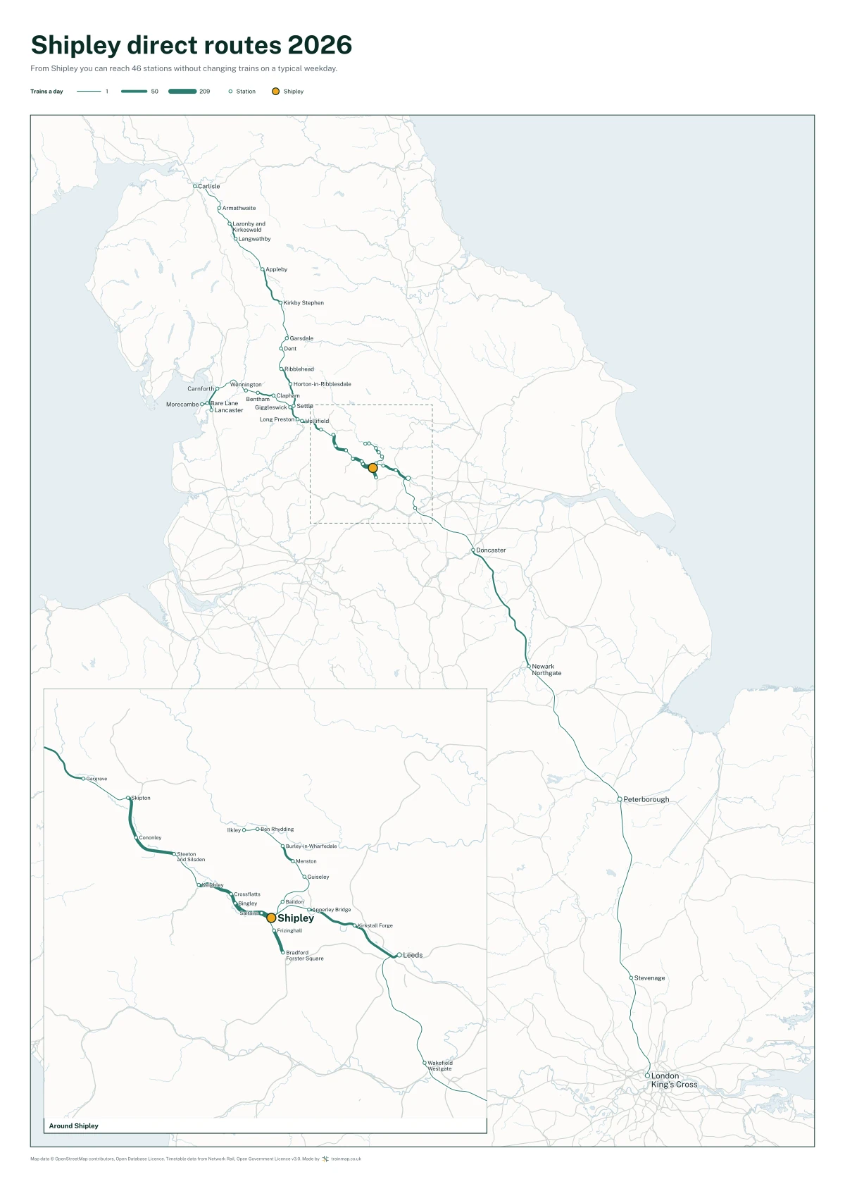 Shipley direct routes 2026: a map of every station you can reach from Shipley without changing trains, the lines thicker where more trains run