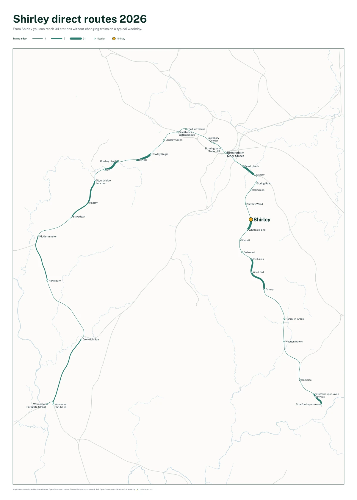 Shirley direct routes 2026: a map of every station you can reach from Shirley without changing trains, the lines thicker where more trains run