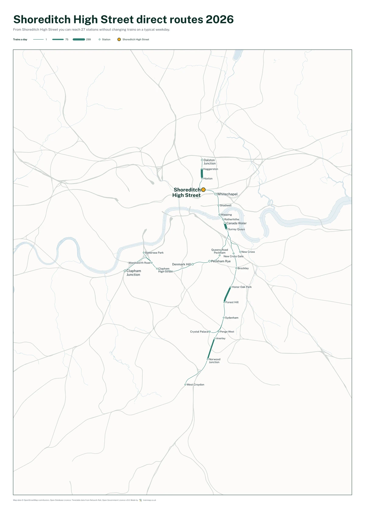 Shoreditch High Street direct routes 2026: a map of every station you can reach from Shoreditch High Street without changing trains, the lines thicker where more trains run
