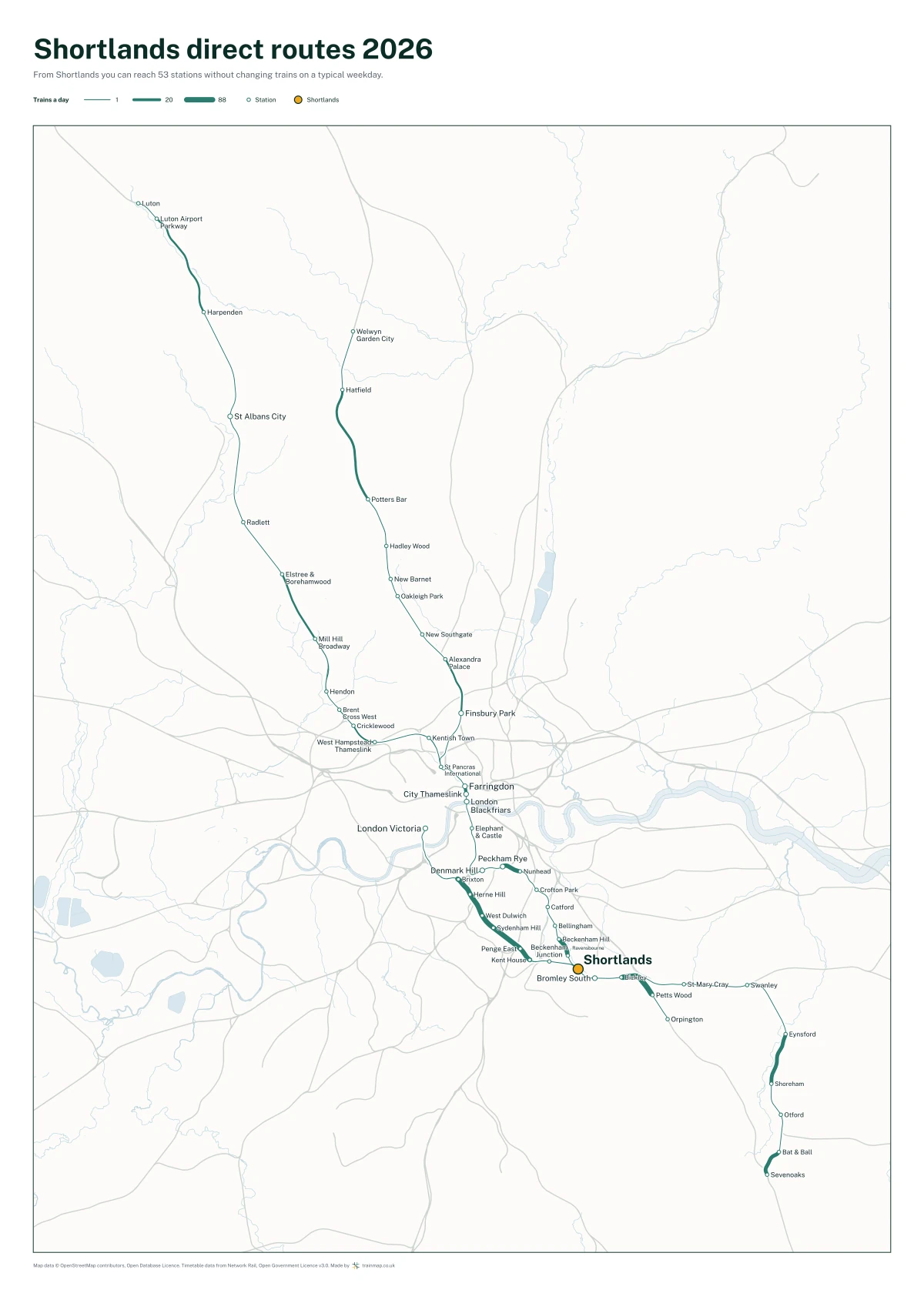 Shortlands direct routes 2026: a map of every station you can reach from Shortlands without changing trains, the lines thicker where more trains run