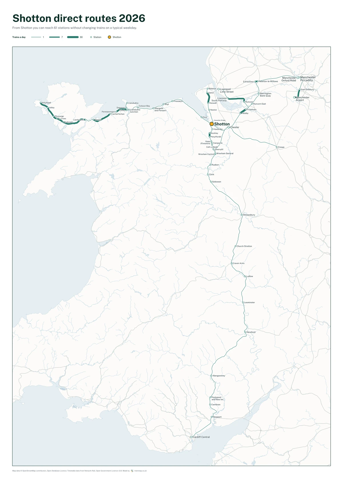 Shotton direct routes 2026: a map of every station you can reach from Shotton without changing trains, the lines thicker where more trains run