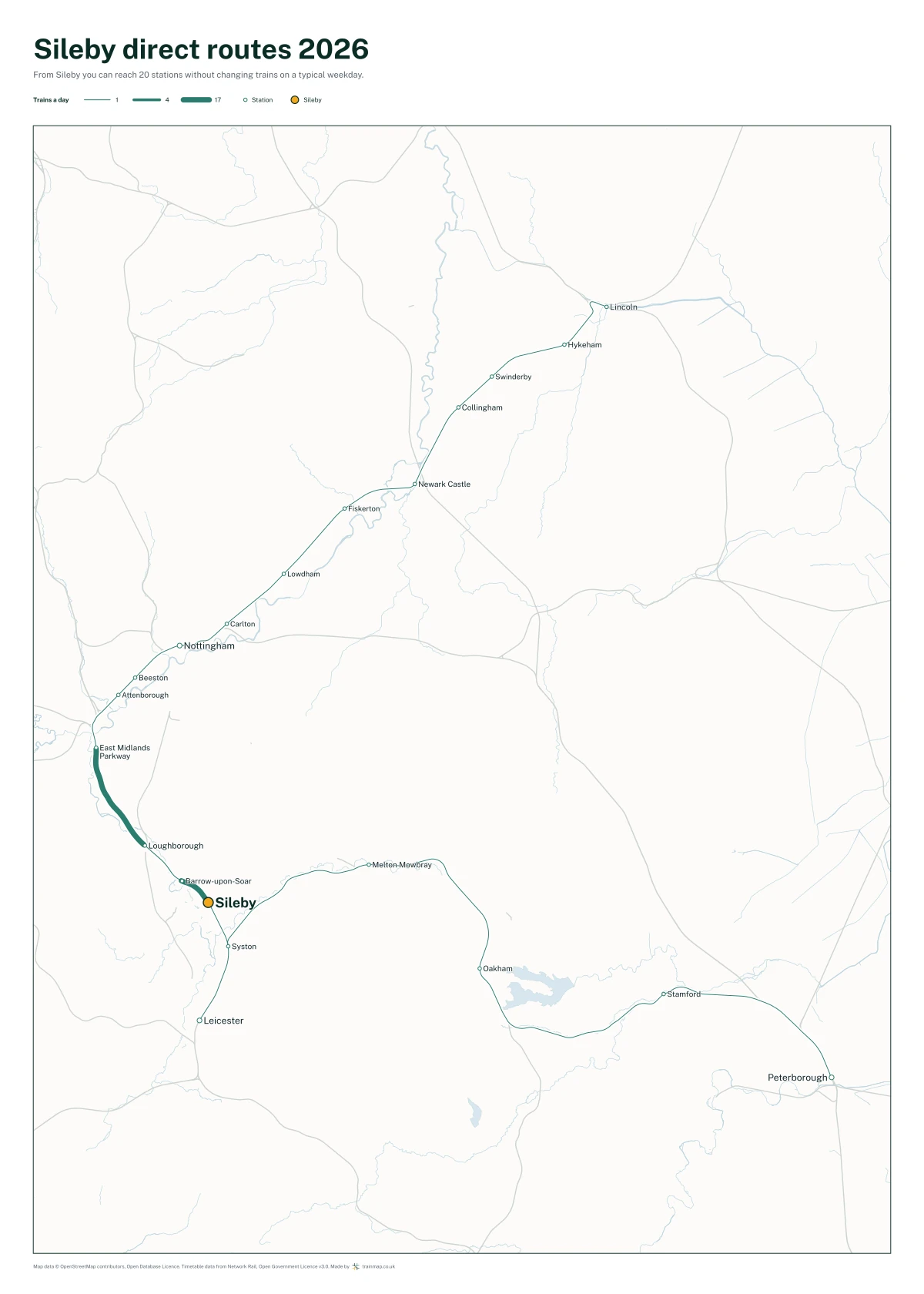 Sileby direct routes 2026: a map of every station you can reach from Sileby without changing trains, the lines thicker where more trains run