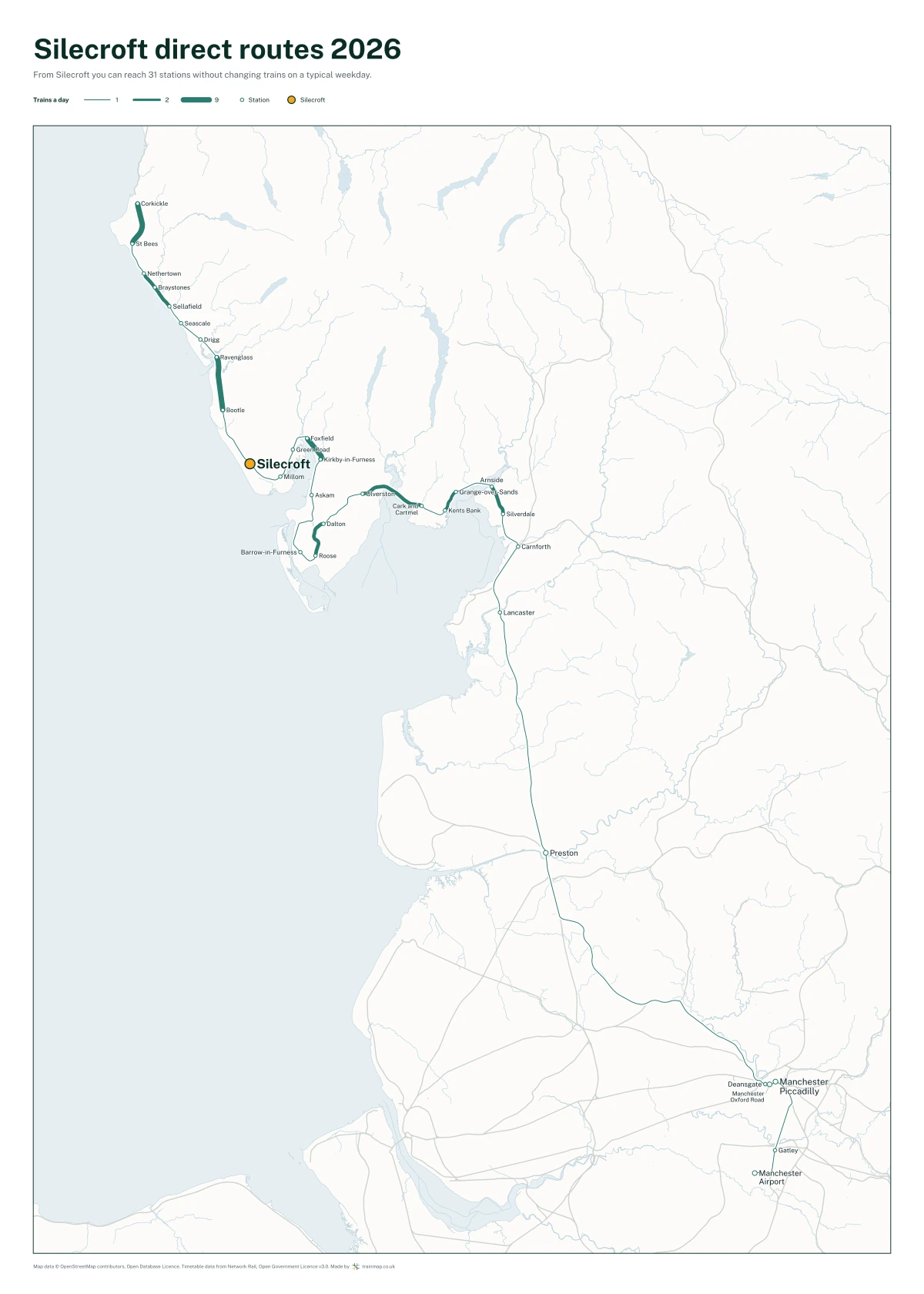 Silecroft direct routes 2026: a map of every station you can reach from Silecroft without changing trains, the lines thicker where more trains run