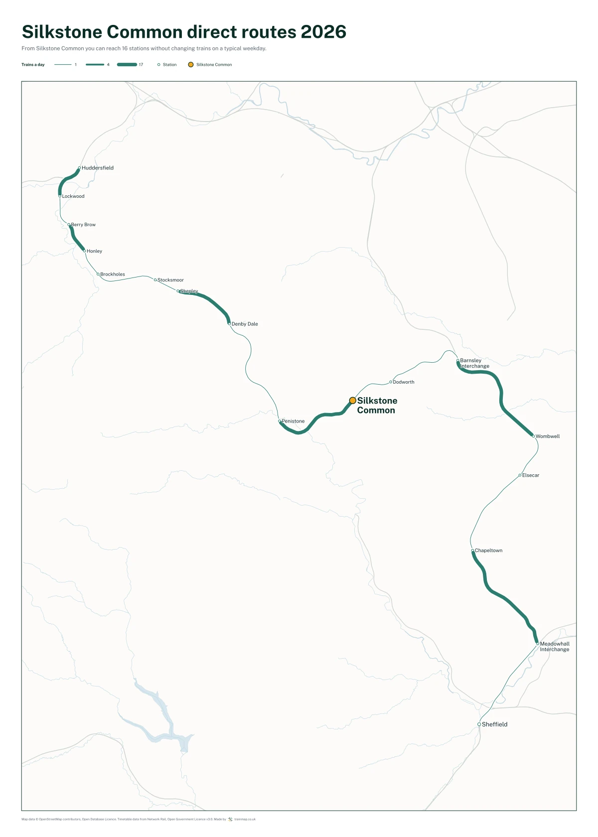 Silkstone Common direct routes 2026: a map of every station you can reach from Silkstone Common without changing trains, the lines thicker where more trains run