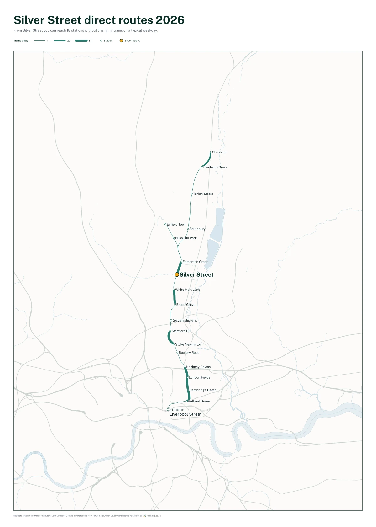 Silver Street direct routes 2026: a map of every station you can reach from Silver Street without changing trains, the lines thicker where more trains run